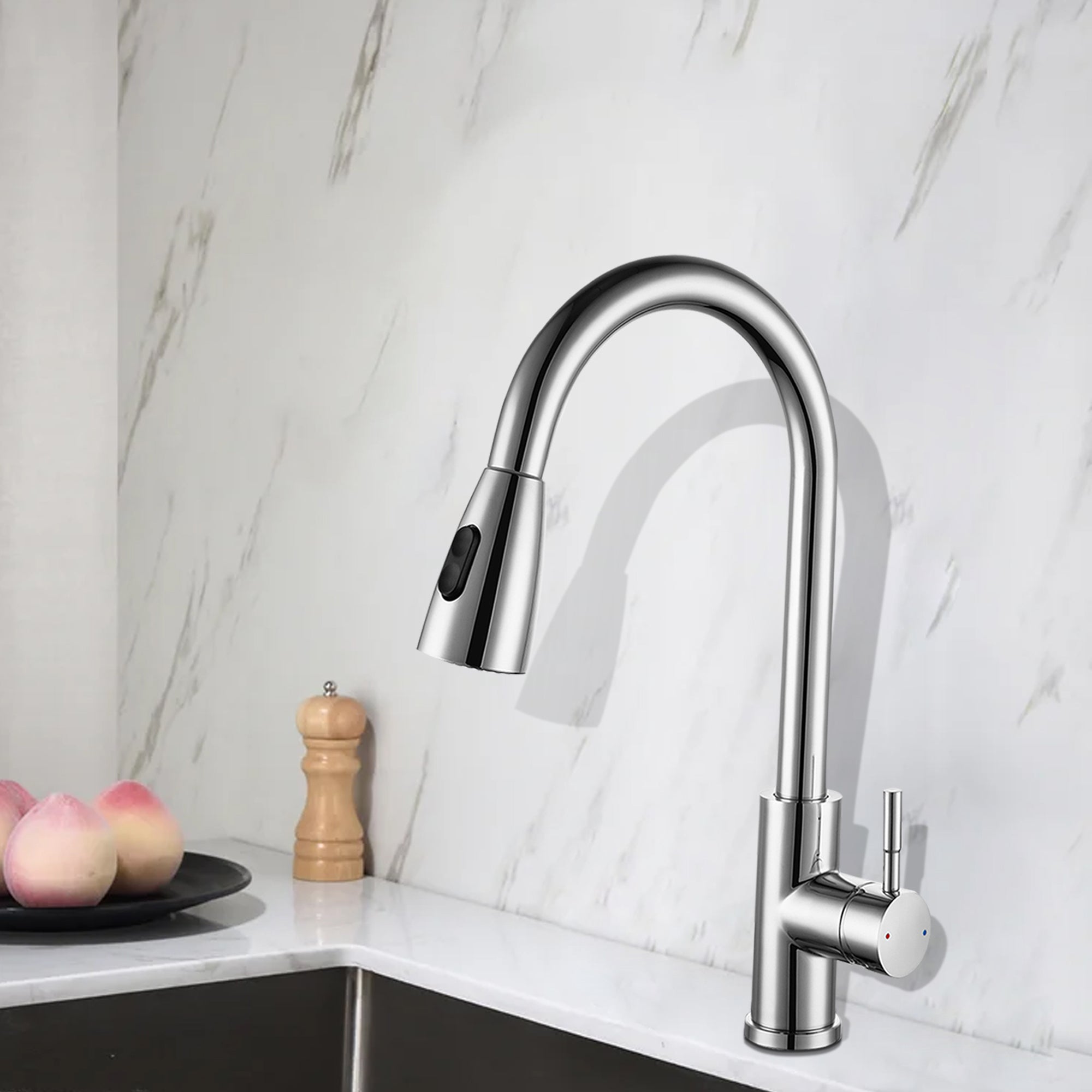 Single Handle Deck Mounted High Arc Pull Out Stainless Steel Kitchen Faucet