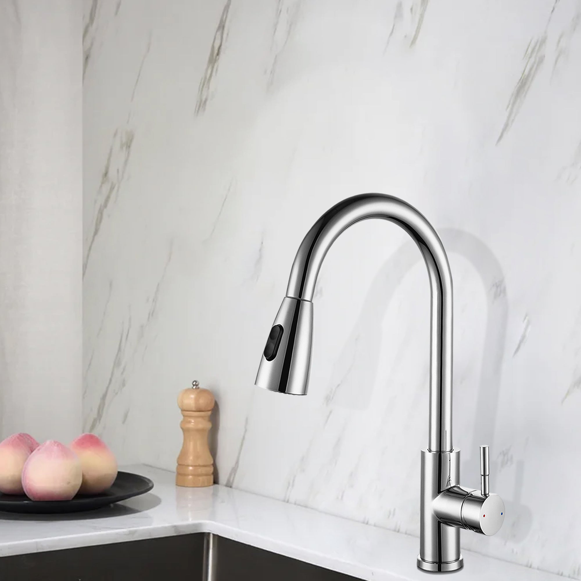 Single Handle Deck Mounted High Arc Pull Out Stainless Steel Kitchen Faucet