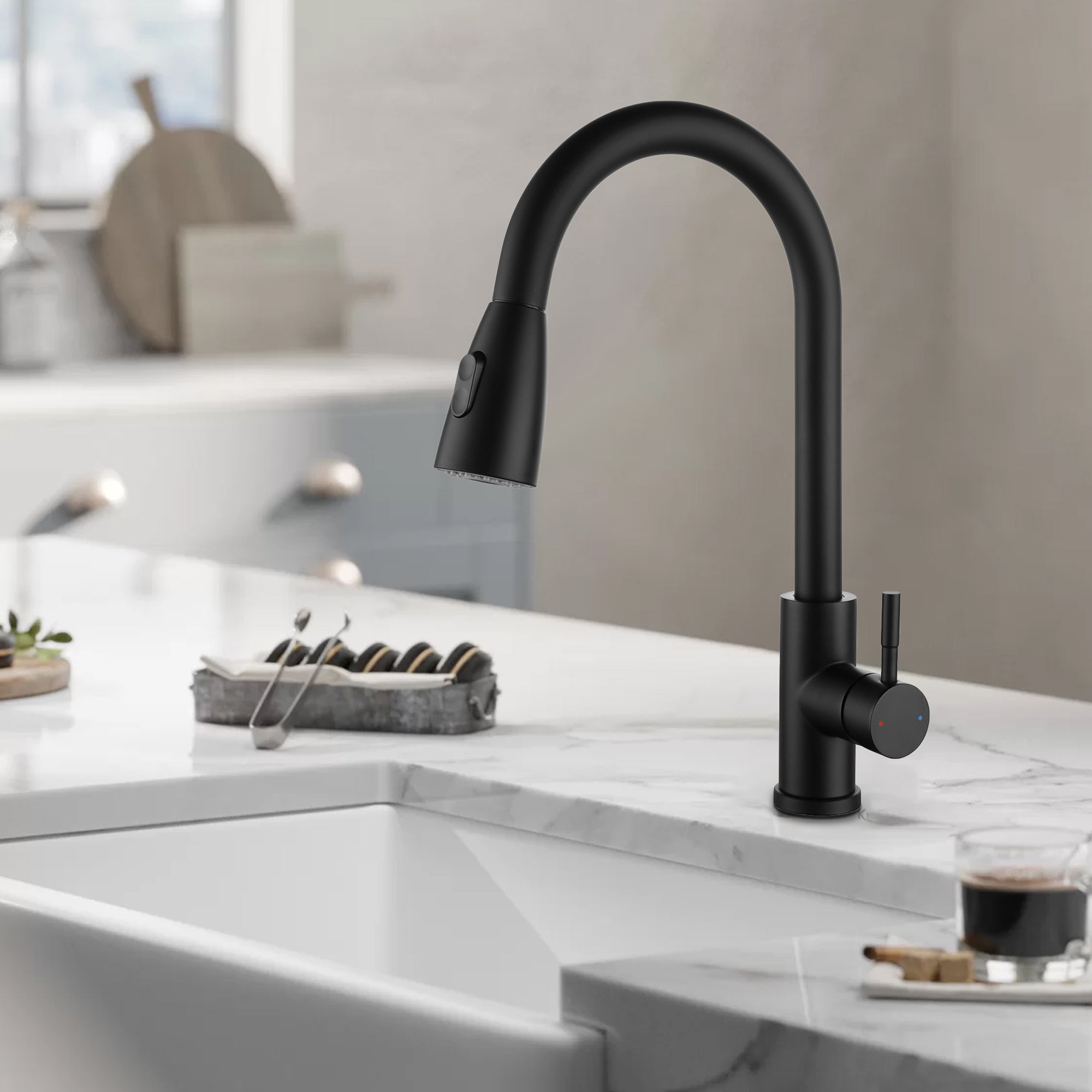 Single Handle Deck Mounted High Arc Pull Out Stainless Steel Kitchen Faucet