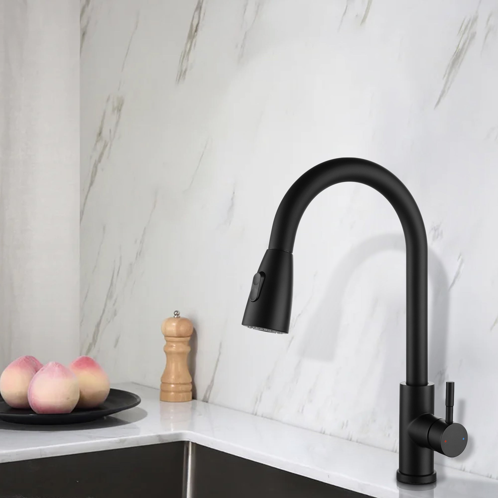 Single Handle Deck Mounted High Arc Pull Out Stainless Steel Kitchen Faucet