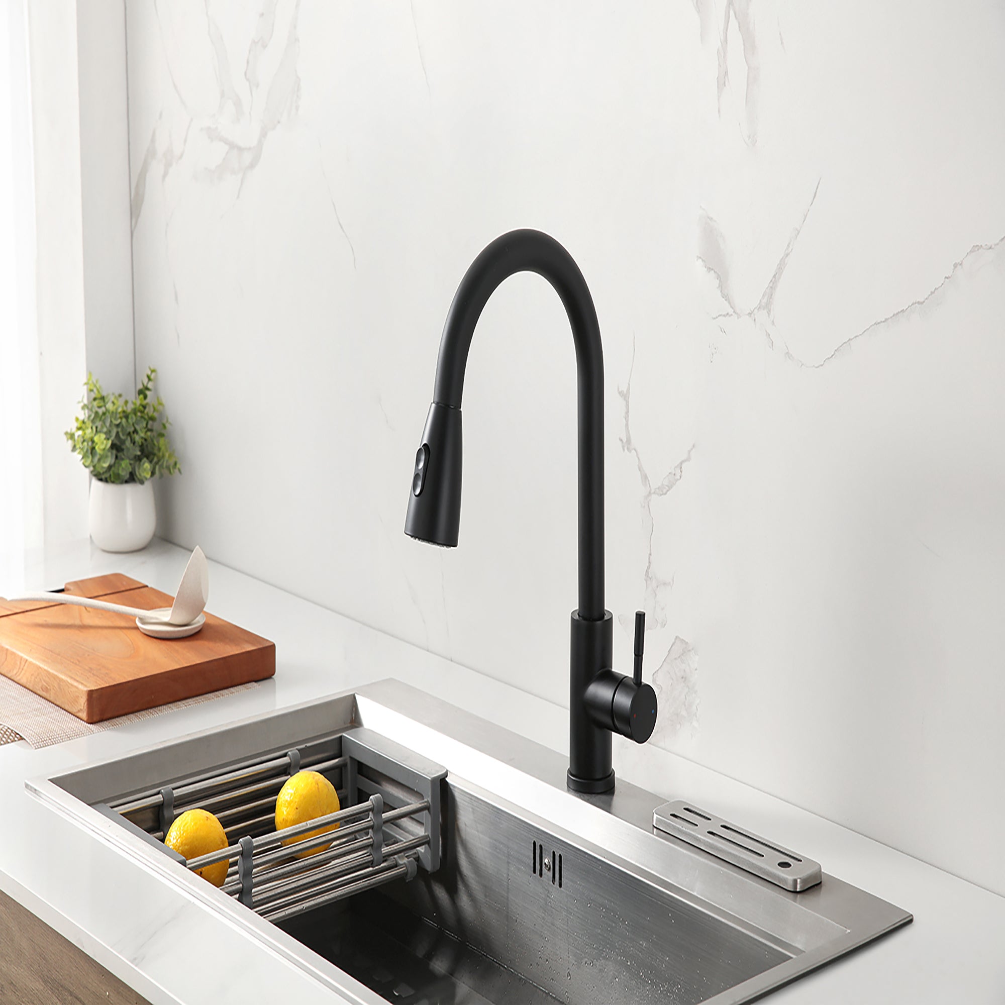Single Handle Deck Mounted High Arc Pull Out Stainless Steel Kitchen Faucet