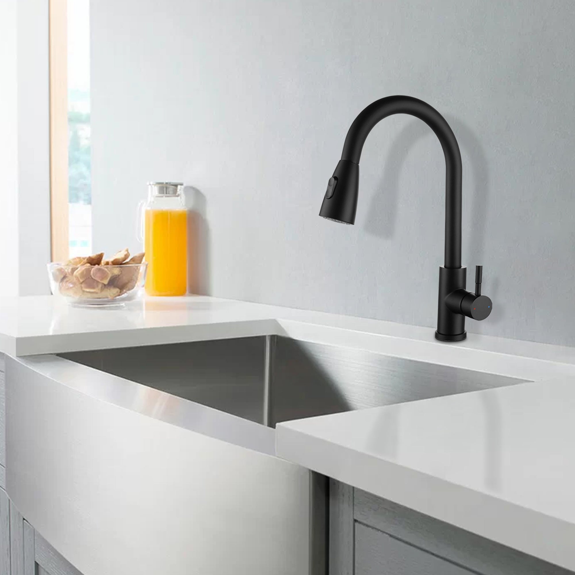 Single Handle Deck Mounted High Arc Pull Out Stainless Steel Kitchen Faucet