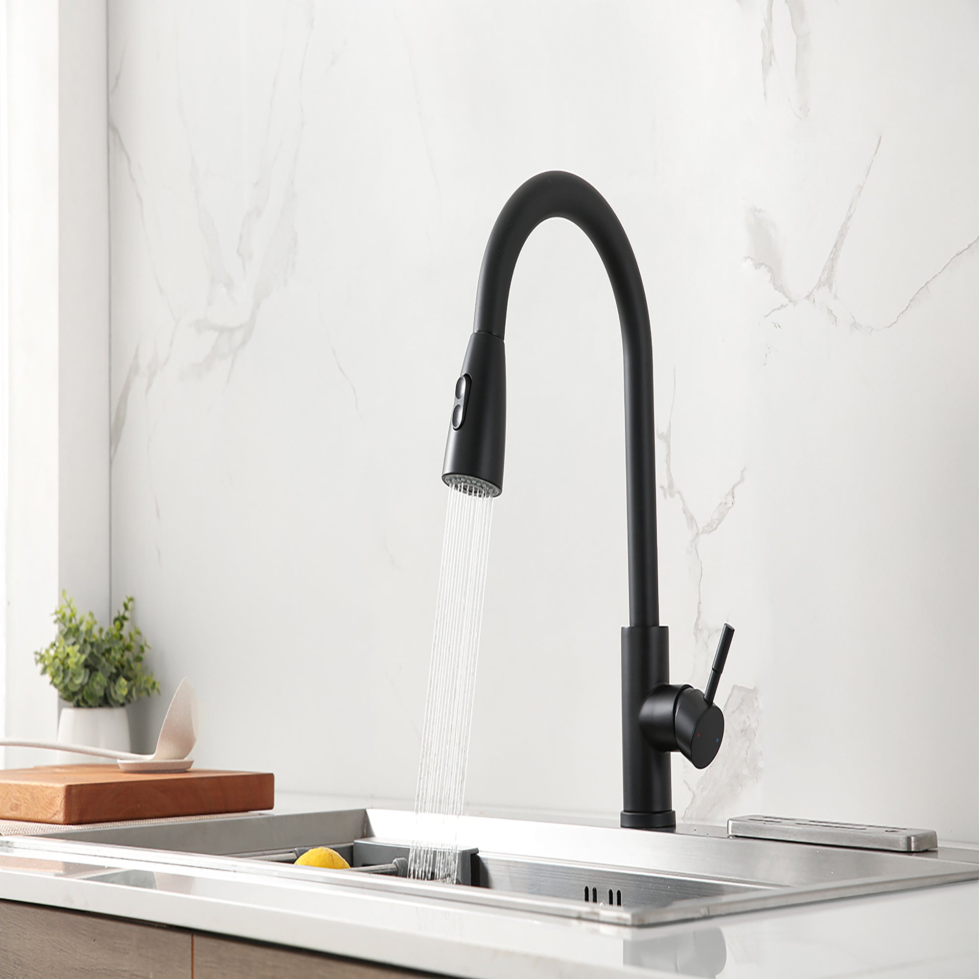 Single Handle Deck Mounted High Arc Pull Out Stainless Steel Kitchen Faucet