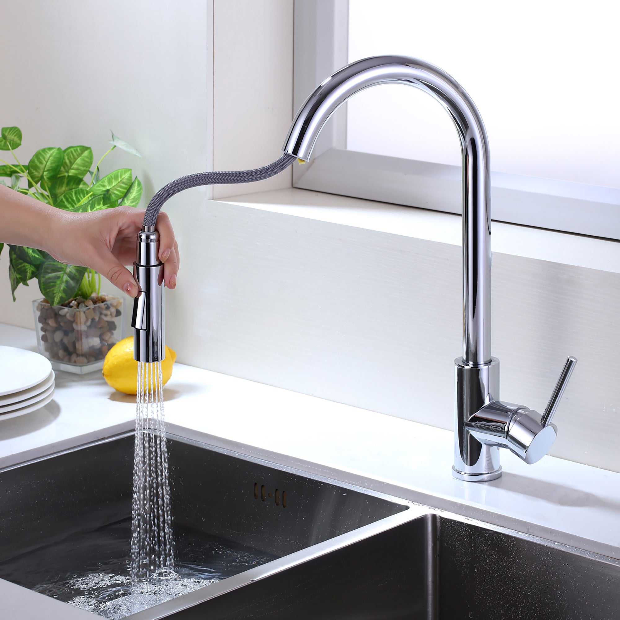 Single Handle Deck Mounted High Arc Pull Out Stainless Steel Kitchen Faucet