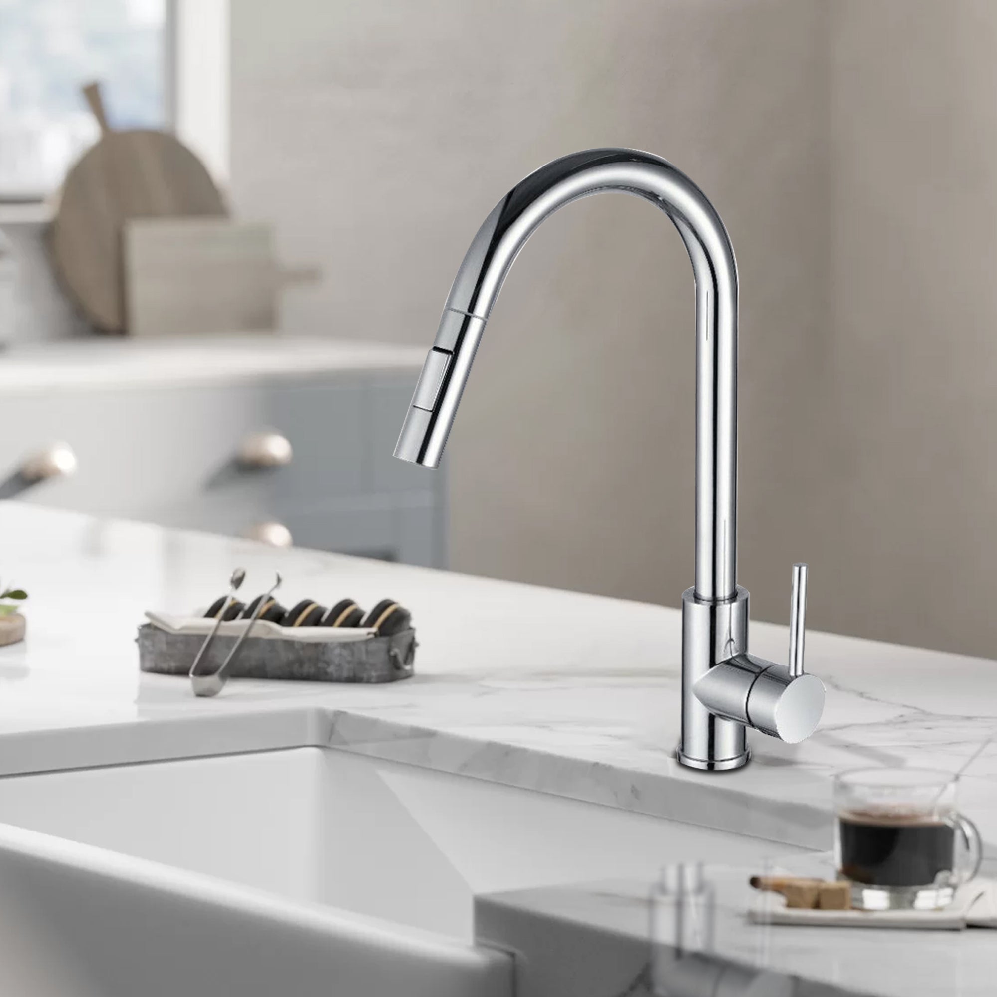 Single Handle Deck Mounted High Arc Pull Out Stainless Steel Kitchen Faucet