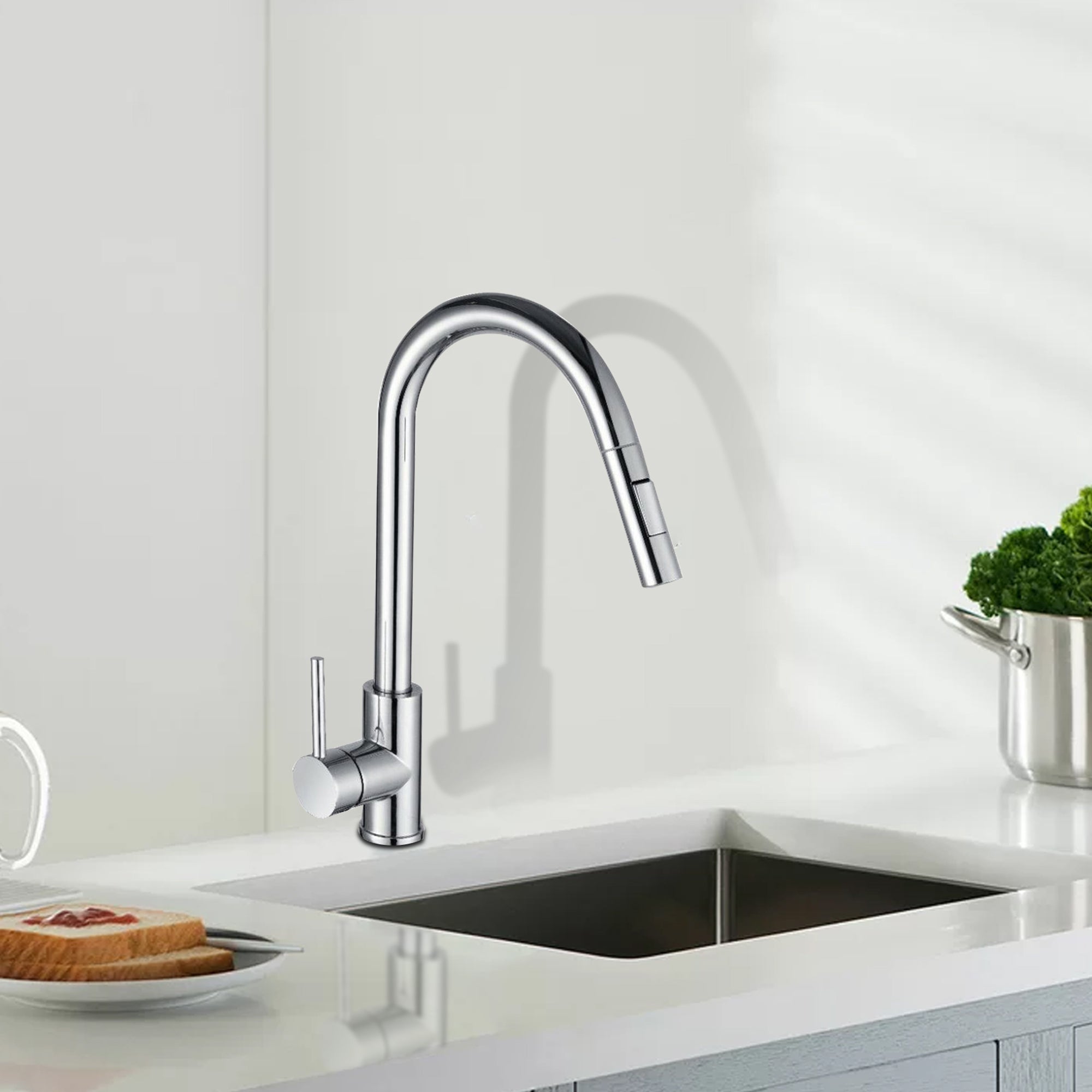 Single Handle Deck Mounted High Arc Pull Out Stainless Steel Kitchen Faucet
