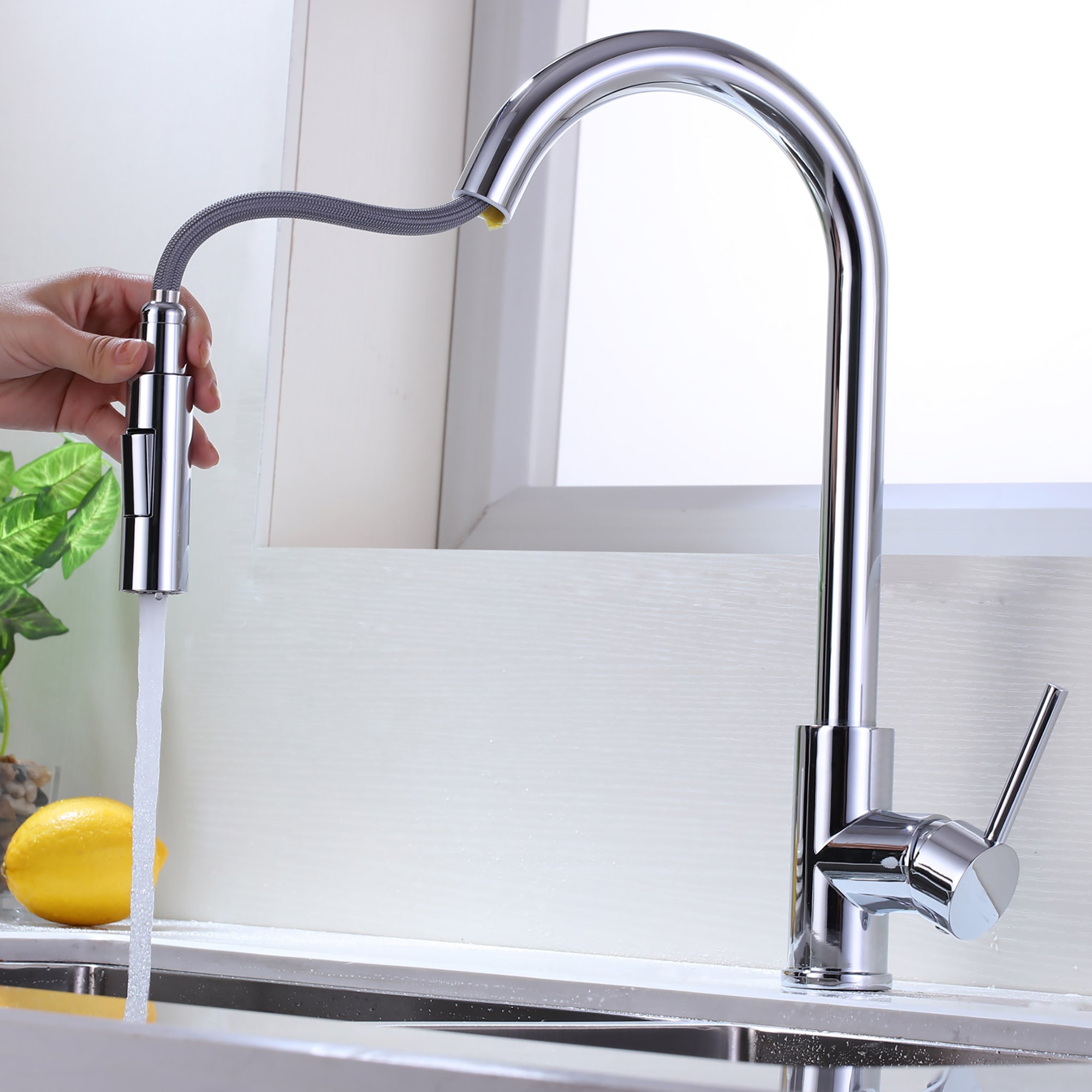 Single Handle Deck Mounted High Arc Pull Out Stainless Steel Kitchen Faucet
