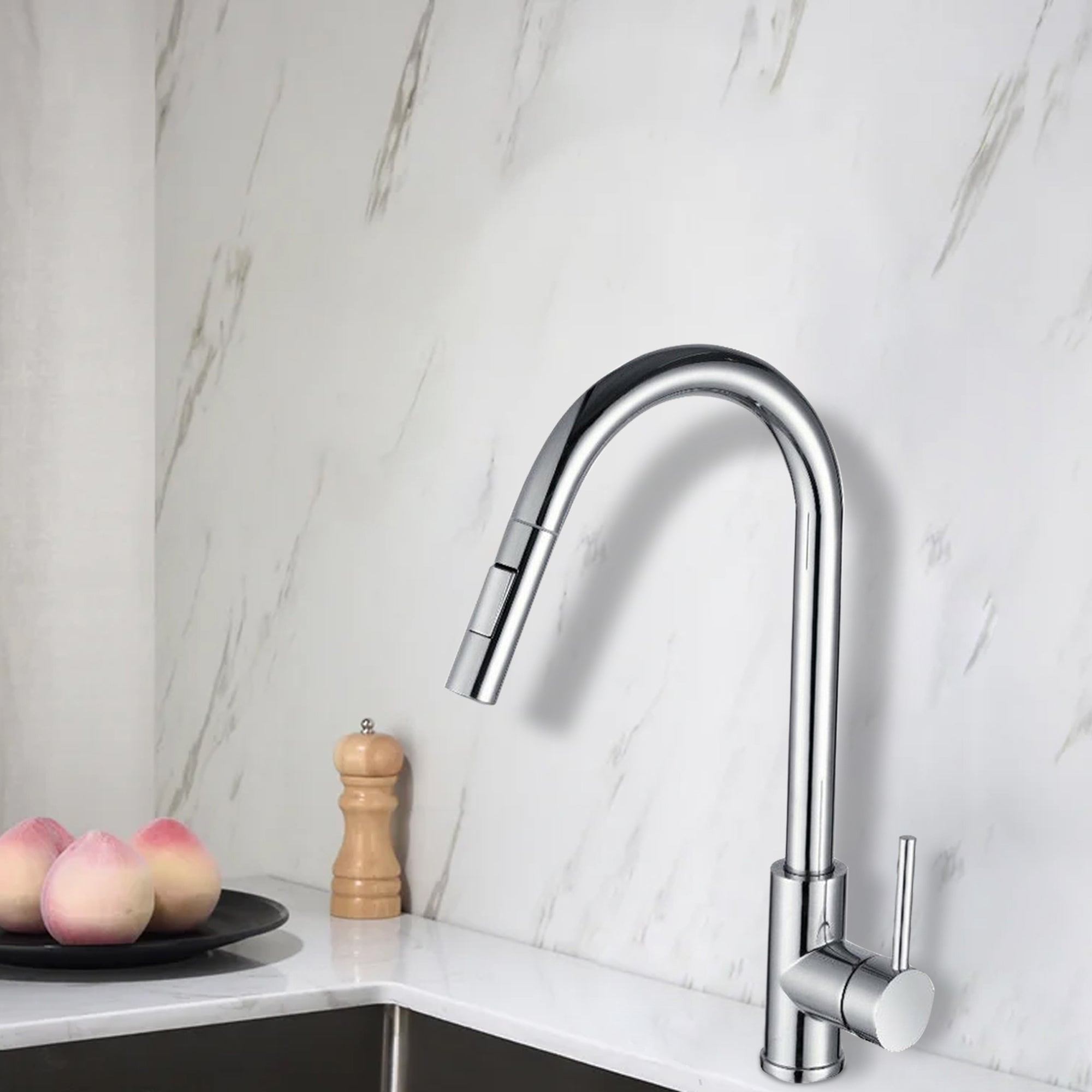 Single Handle Deck Mounted High Arc Pull Out Stainless Steel Kitchen Faucet