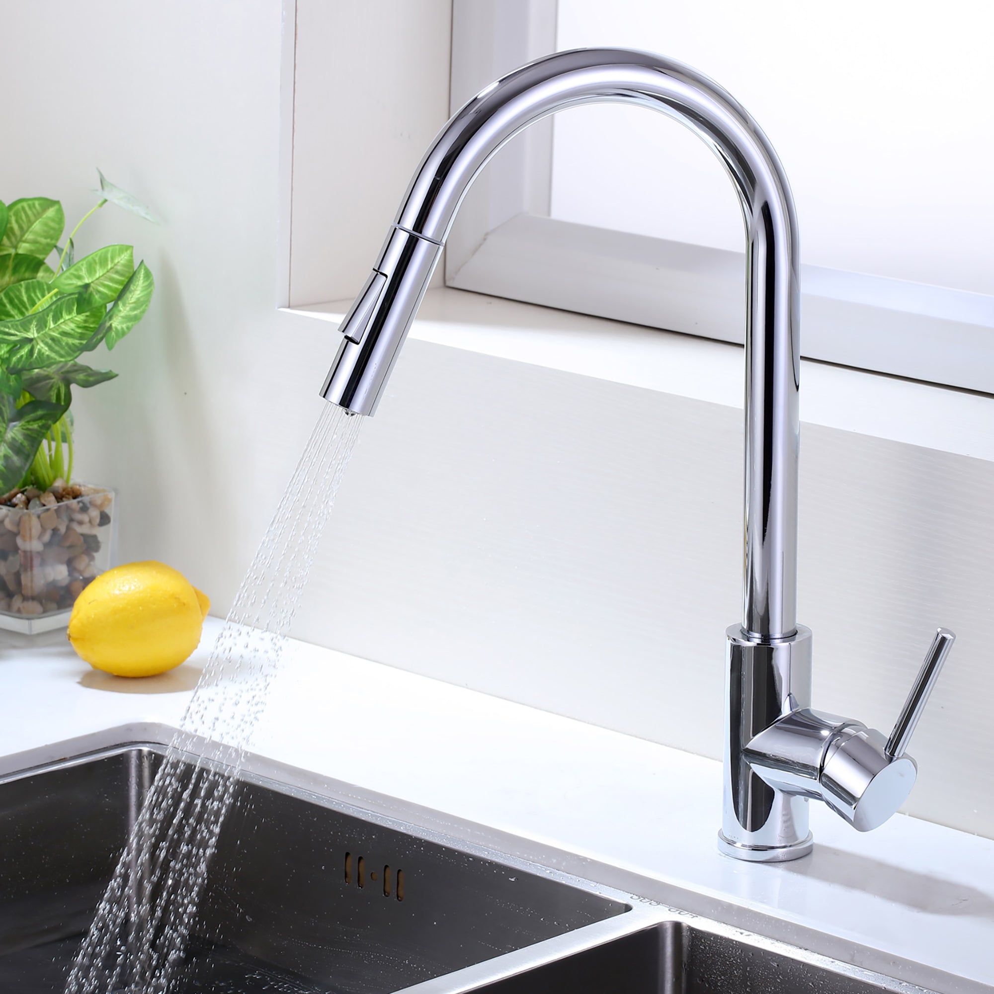Single Handle Deck Mounted High Arc Pull Out Stainless Steel Kitchen Faucet