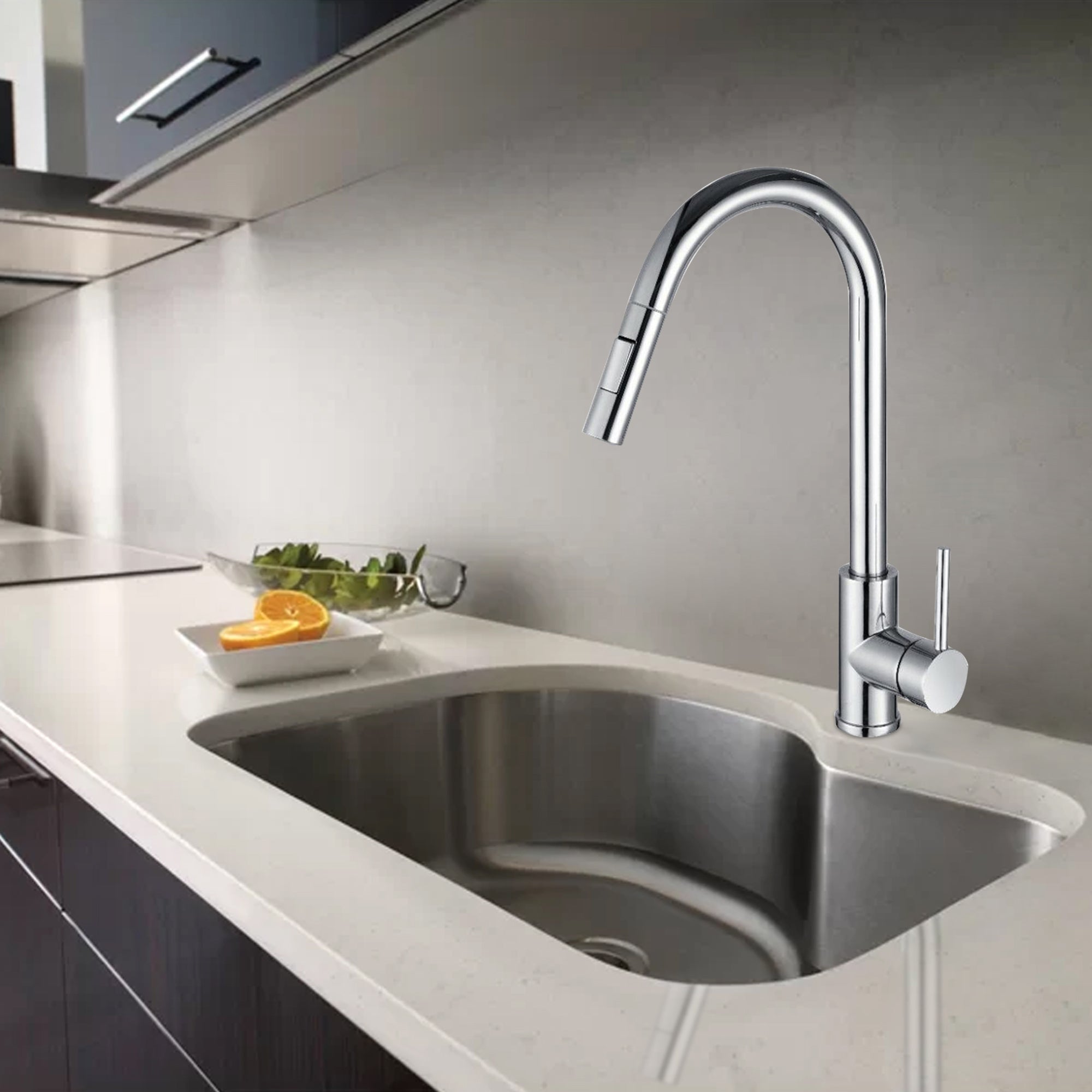 Single Handle Deck Mounted High Arc Pull Out Stainless Steel Kitchen Faucet