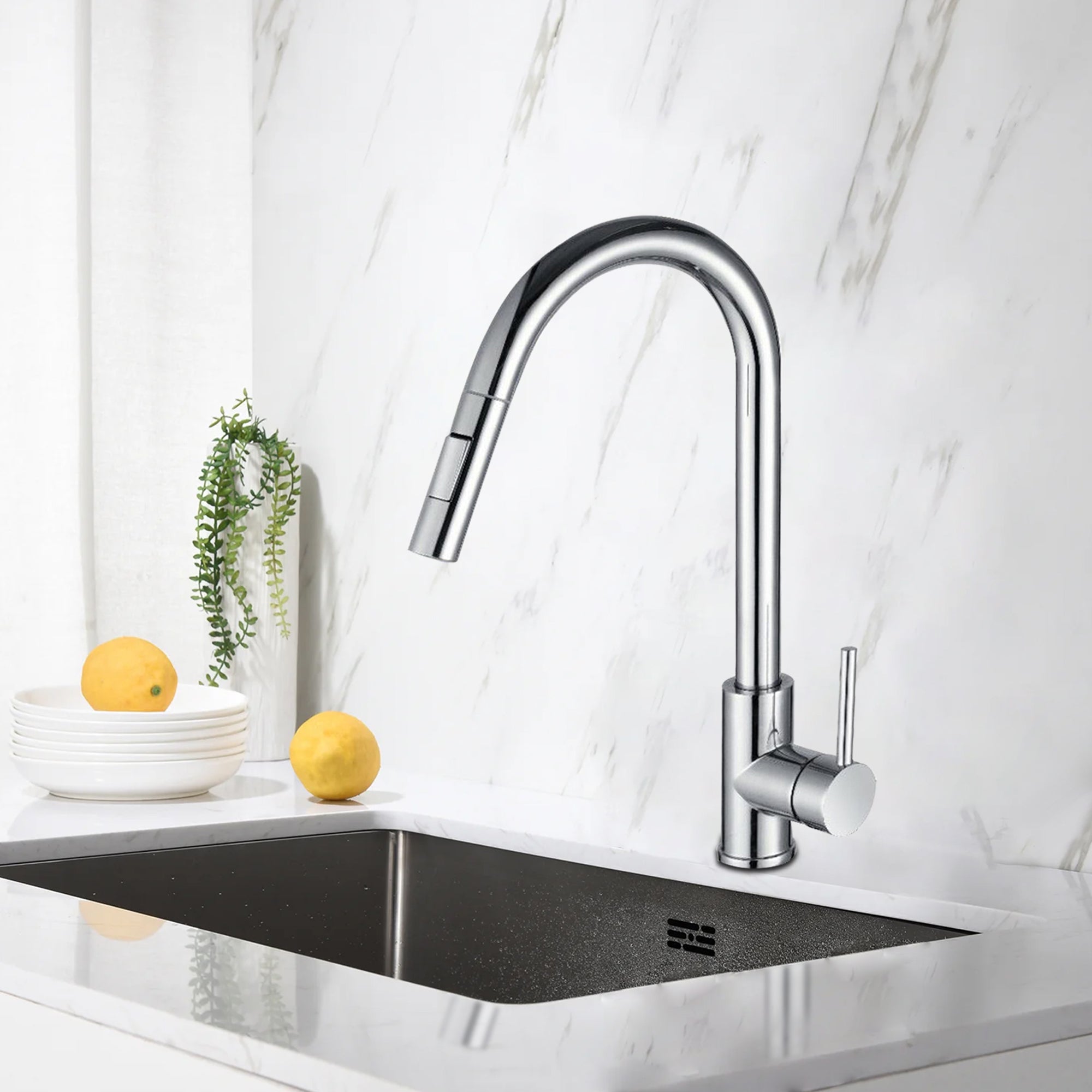 Single Handle Deck Mounted High Arc Pull Out Stainless Steel Kitchen Faucet