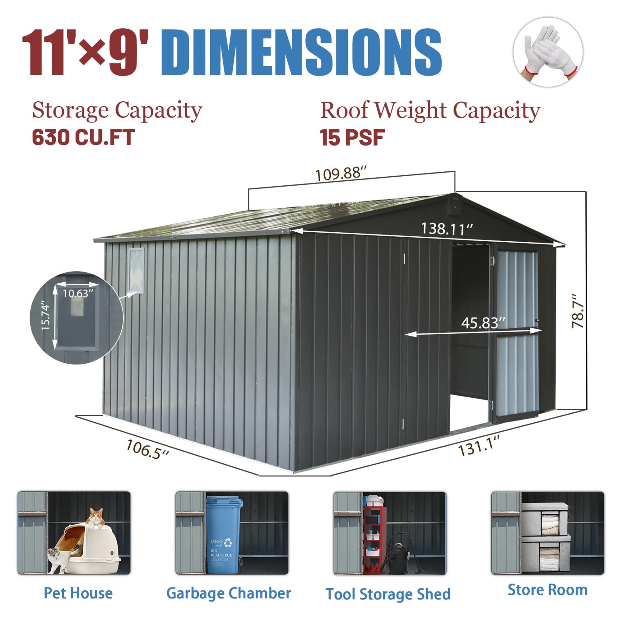 11 ft. W x 9 ft. D Metal Storage Shed with Double Door(99 sq. ft.)  JMCPGS01-DG