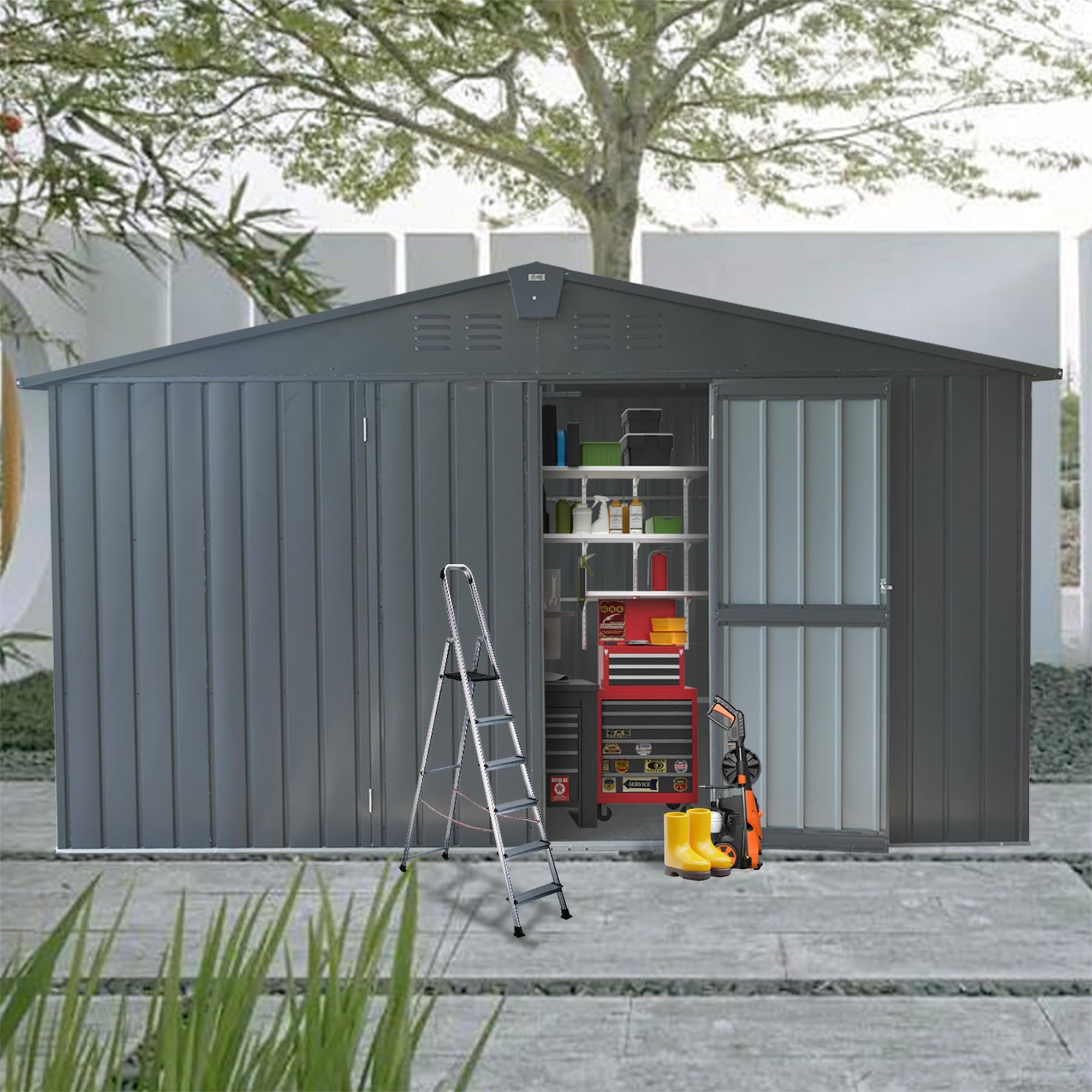 11 ft. W x 9 ft. D Metal Storage Shed with Double Door(99 sq. ft.)  JMCPGS01-DG