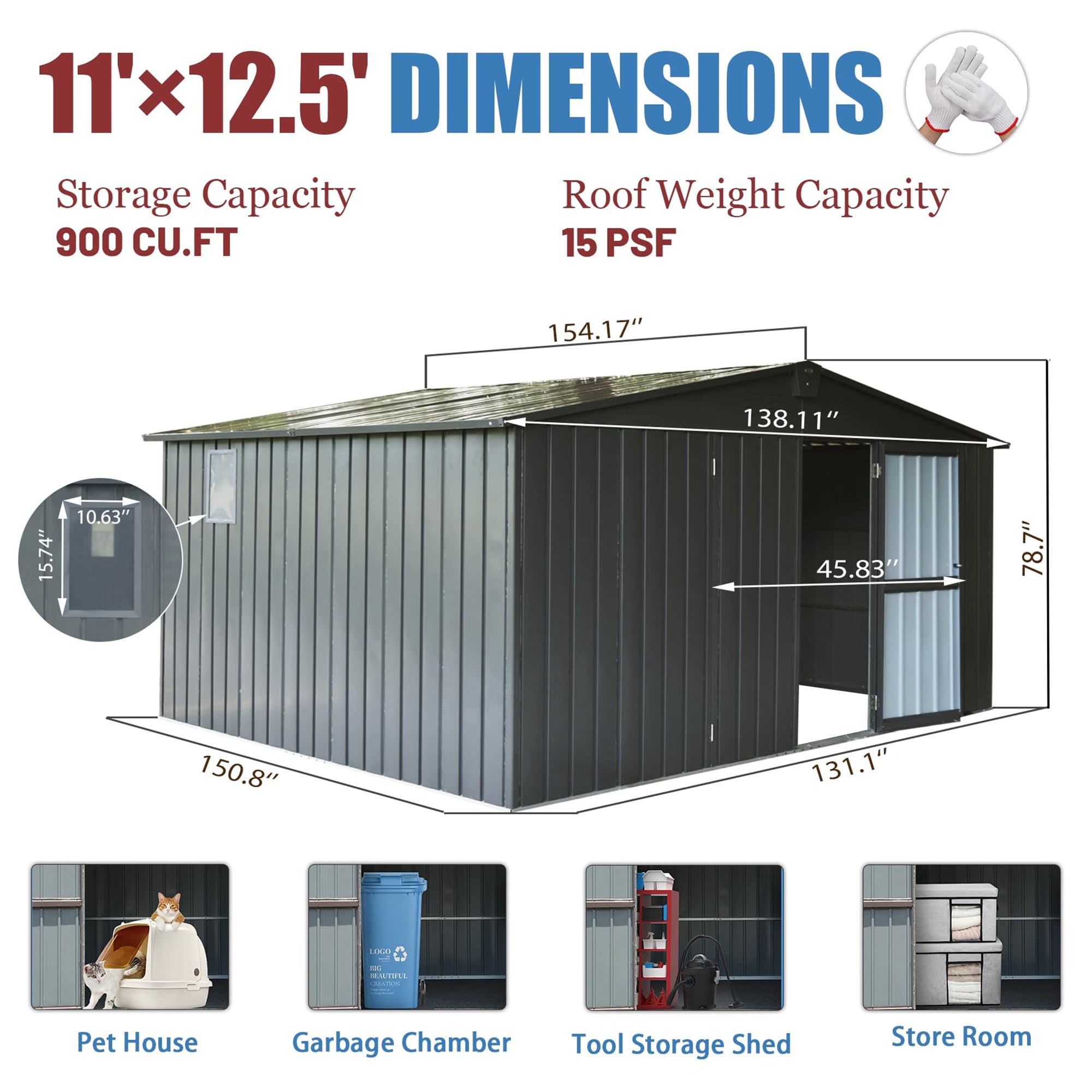 11 ft. W x 12.5 ft. D Metal Storage Shed with Double Door(137 sq. ft.) JMCPGS02-DG