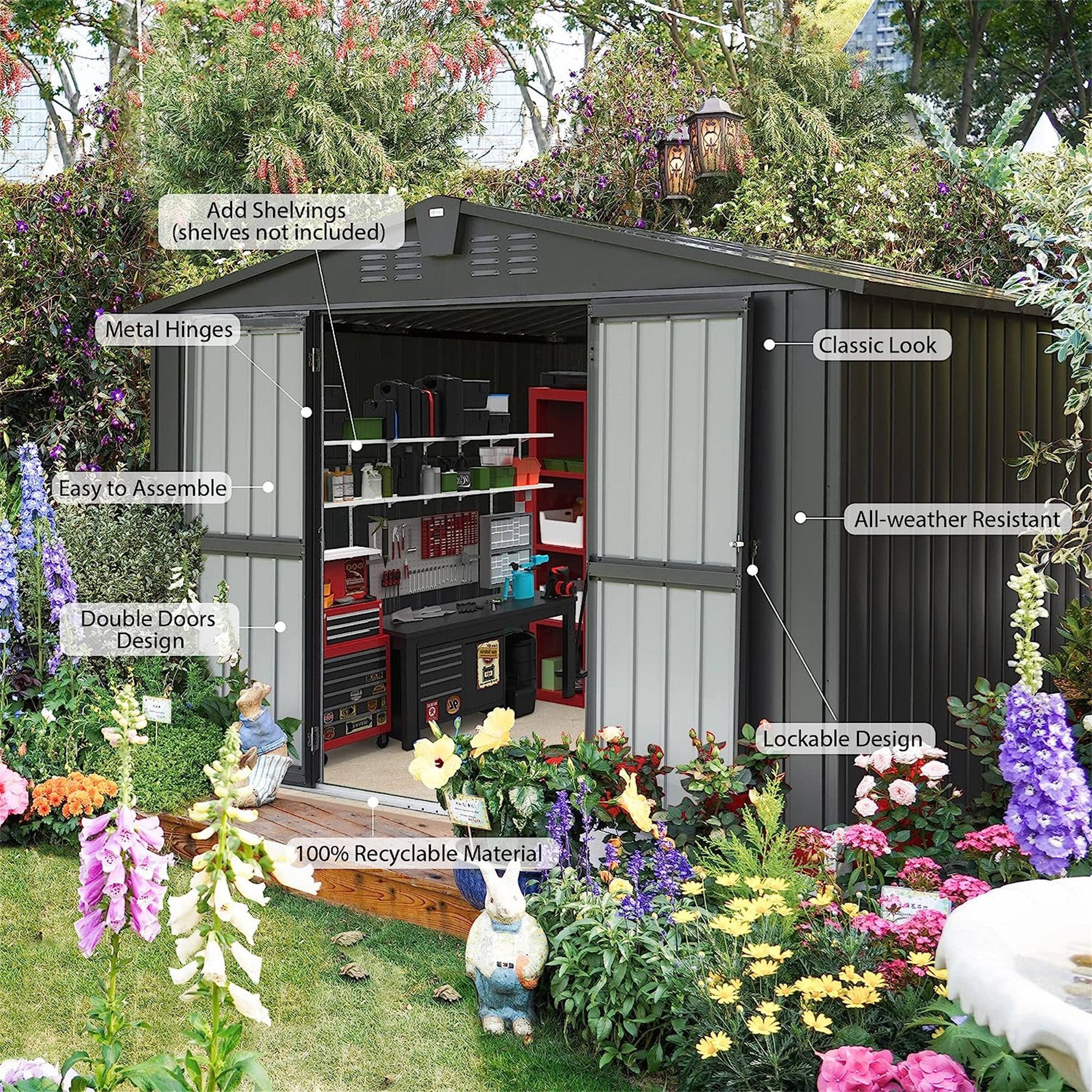 10 ft. W x 8 ft. D Black Metal Storage Shed with Double Door (80 sq. ft.) JMCPGS07-B