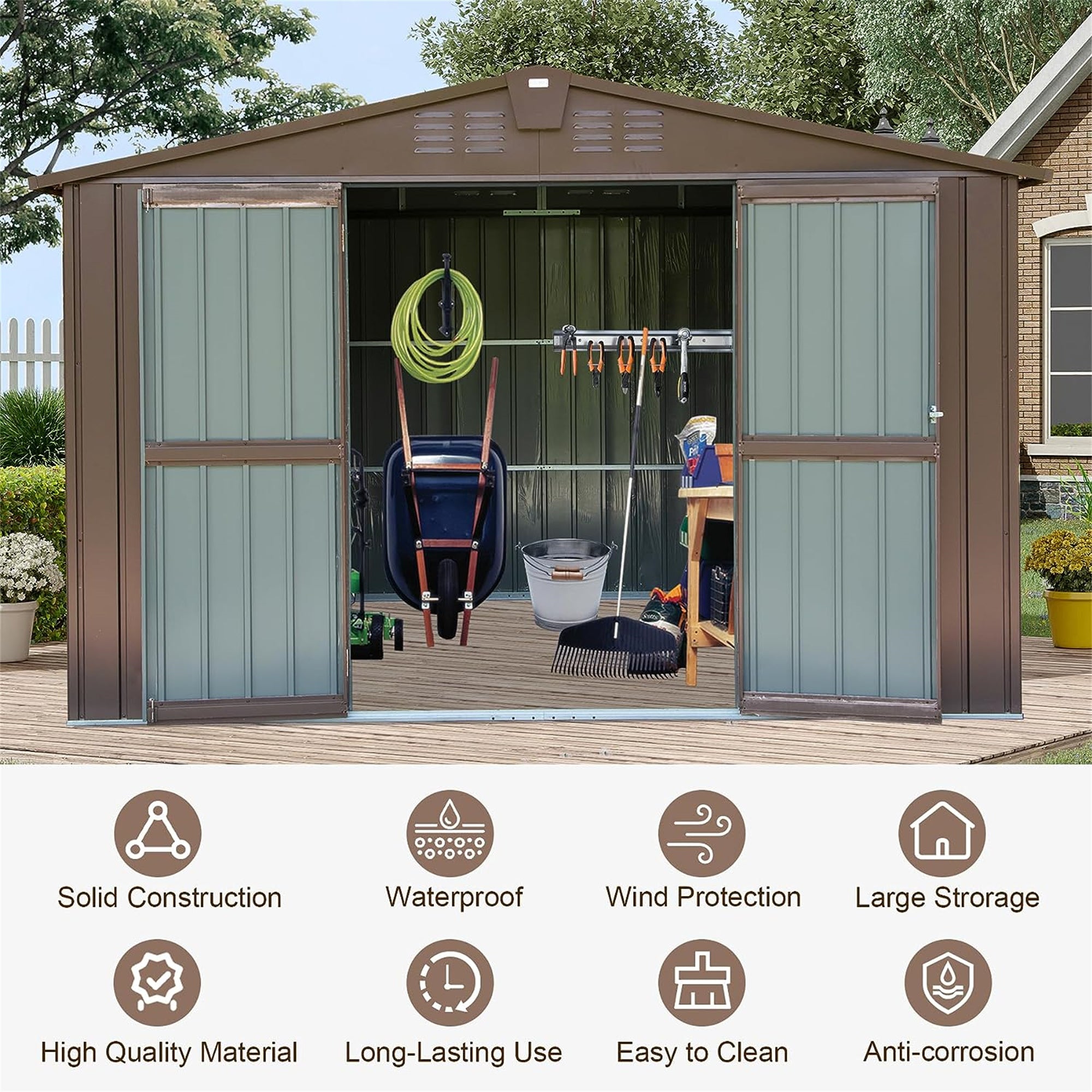 10 ft. W x 8 ft. D Brown Metal Storage Shed with Double Door (80 sq. ft.) JMCPGS07-BRO