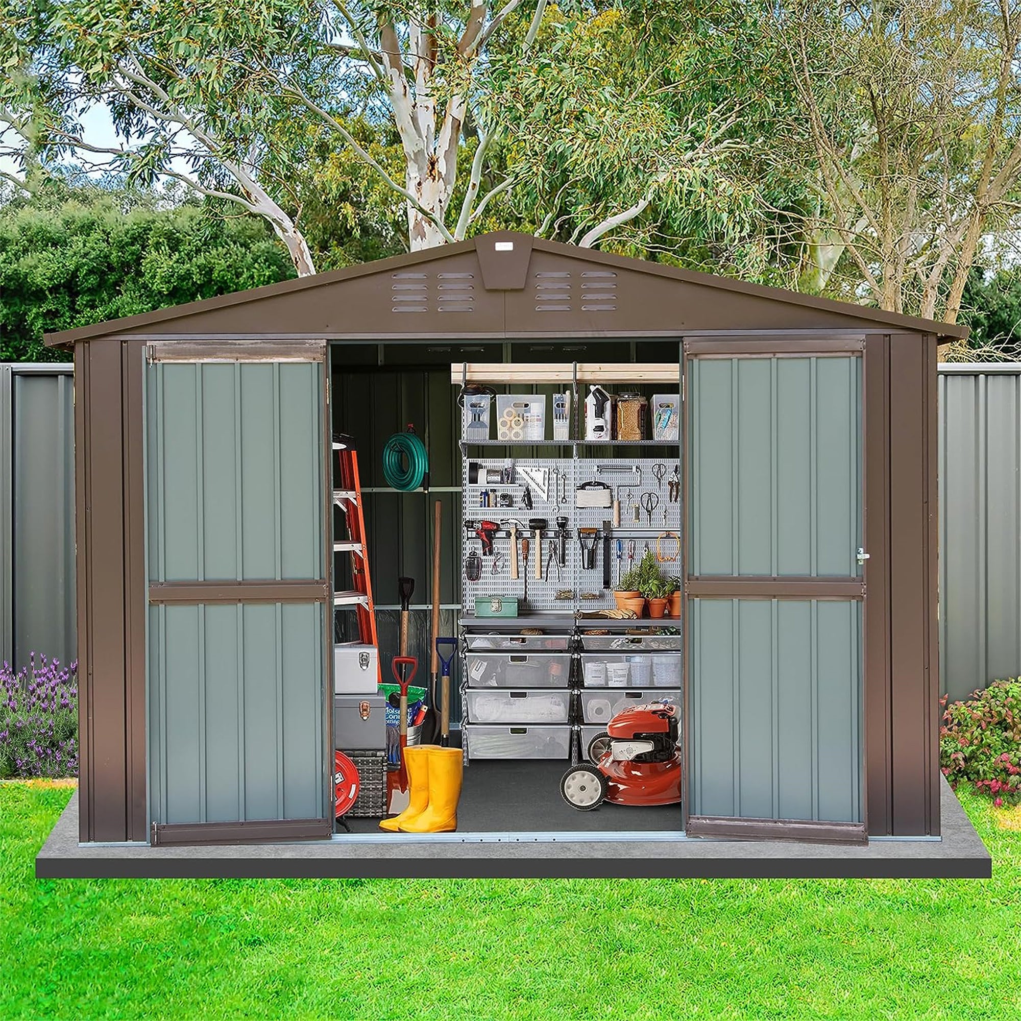10 ft. W x 8 ft. D Brown Metal Storage Shed with Double Door (80 sq. ft.) JMCPGS07-BRO