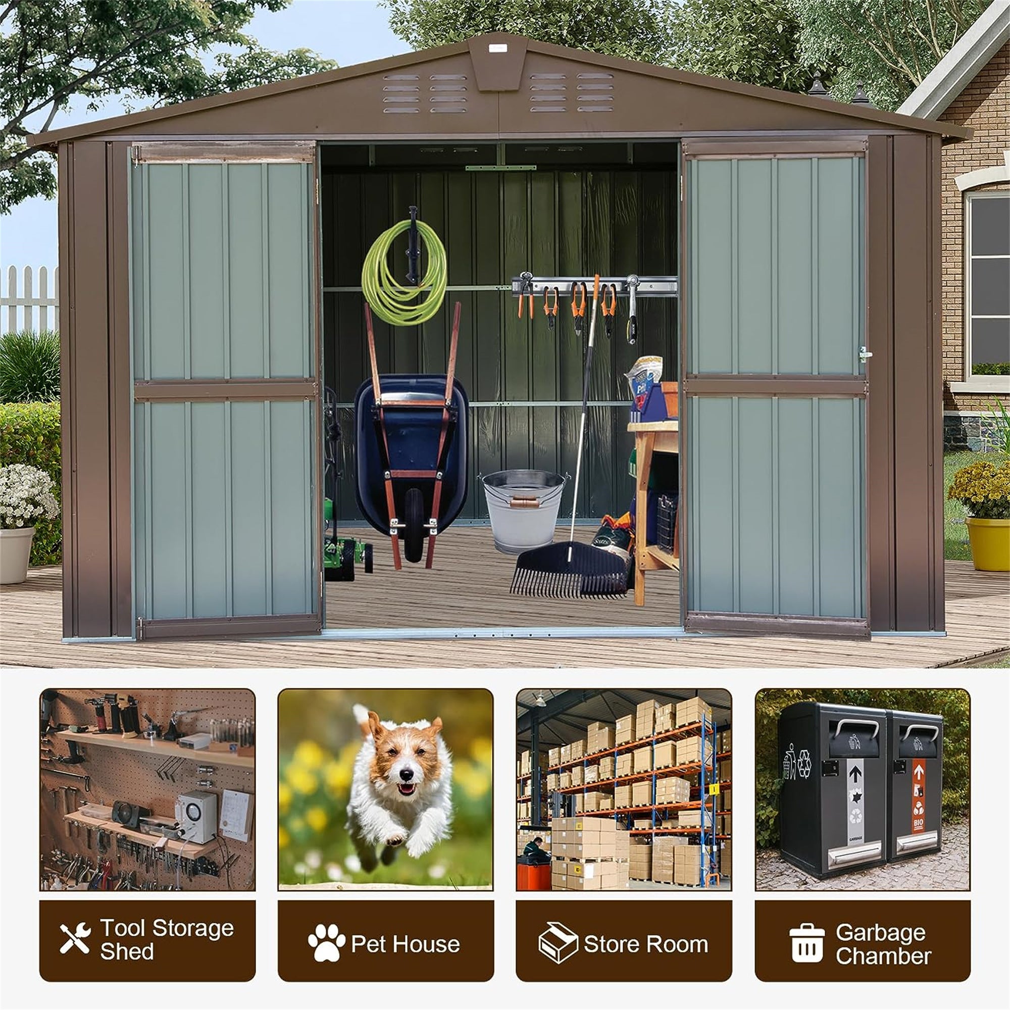 10 ft. W x 8 ft. D Brown Metal Storage Shed with Double Door (80 sq. ft.) JMCPGS07-BRO
