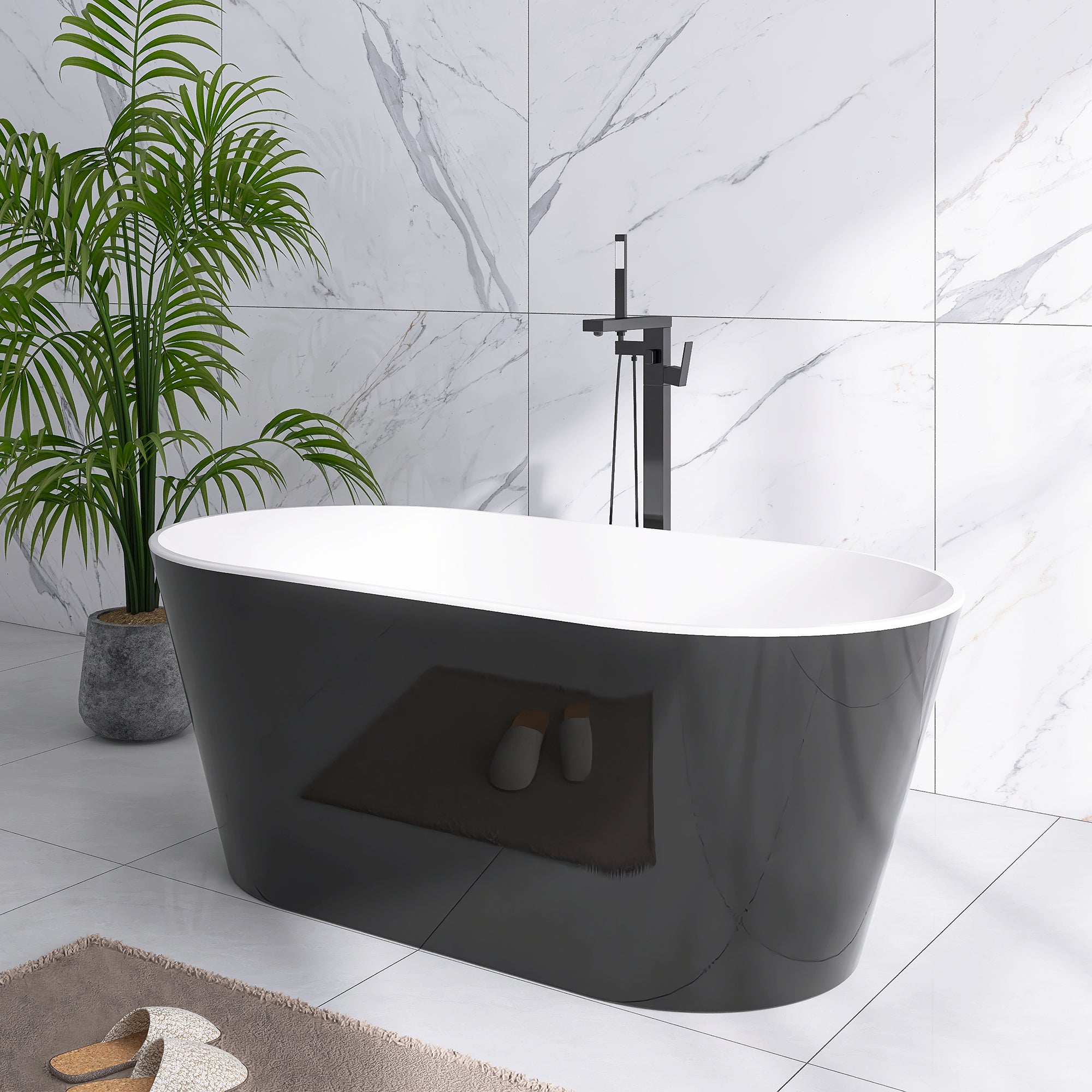 Staykiwi Acrylic Freestanding Soaking Bathtub in Glossy White and Black with Chrome Drain