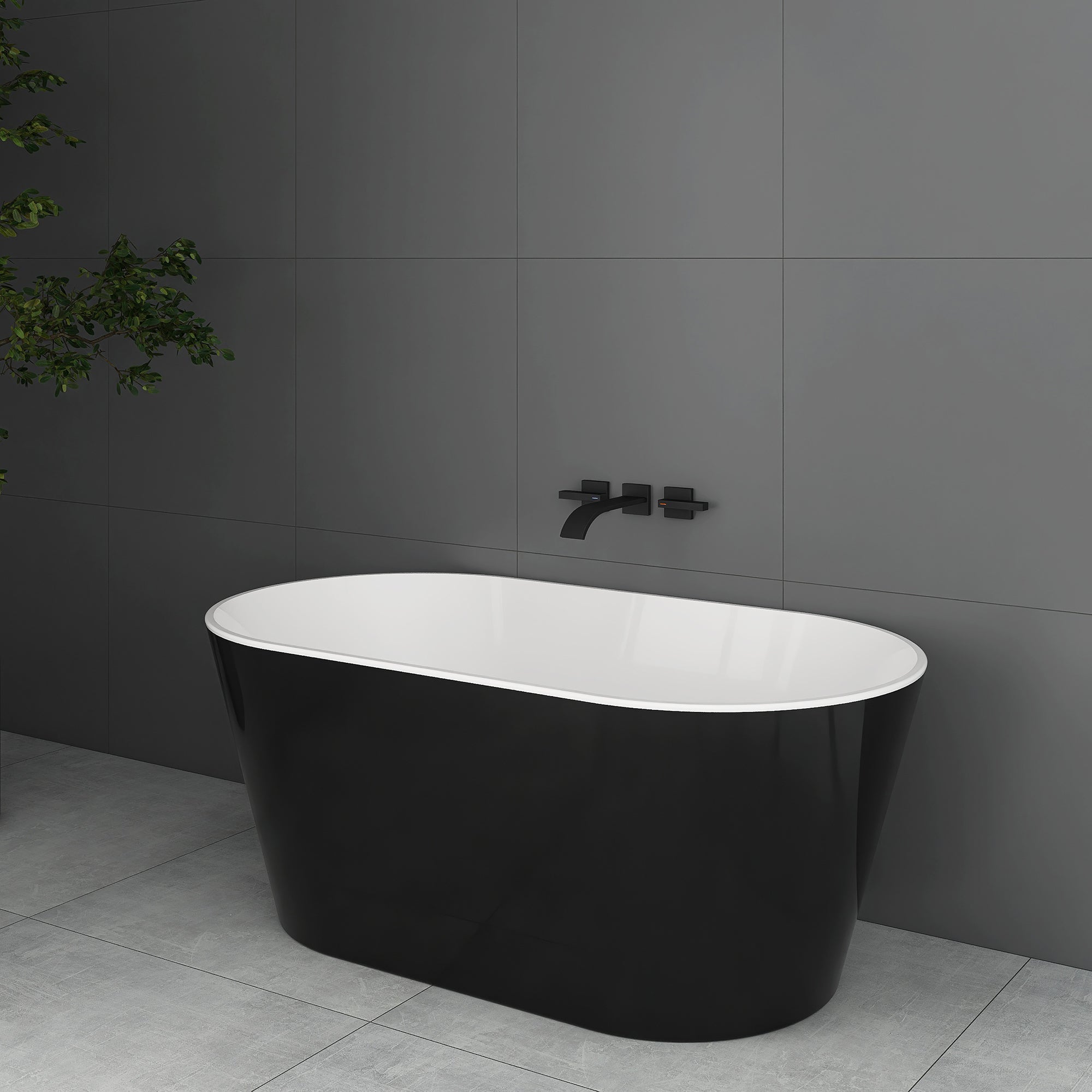 Staykiwi Acrylic Freestanding Soaking Bathtub in Glossy White and Black with Chrome Drain