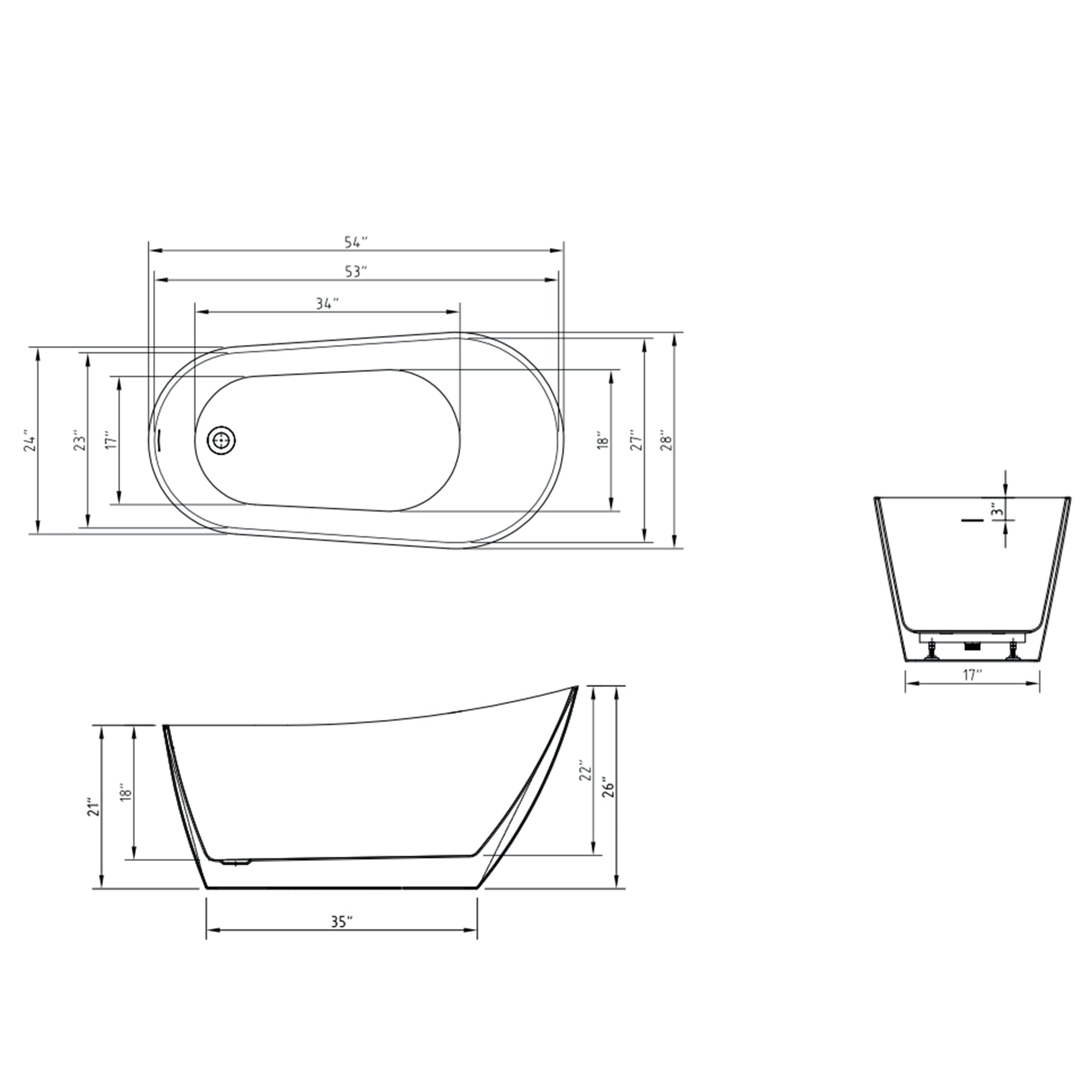 54 Inch Acrylic Freestanding Soaking Bathtub with Overflow