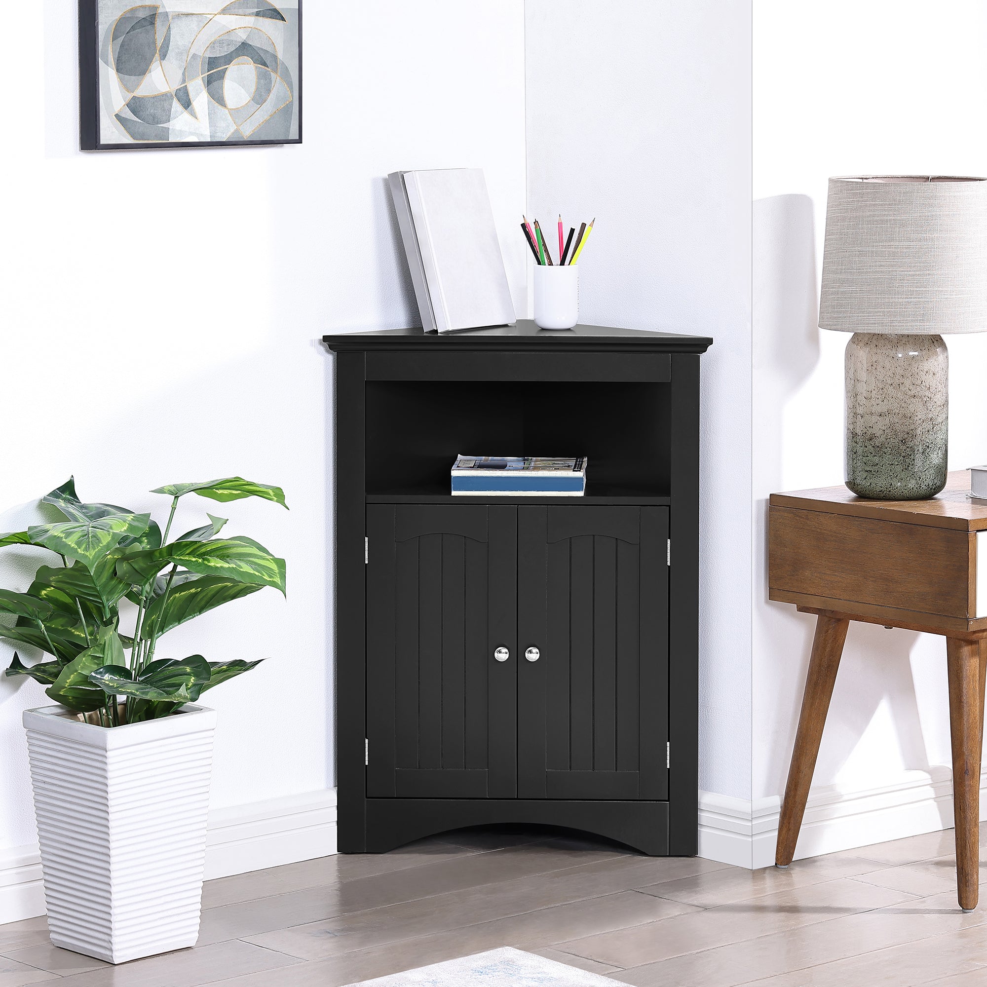 32 Inch MDF 2-door Bathroom Corner Cabinet with Shelves