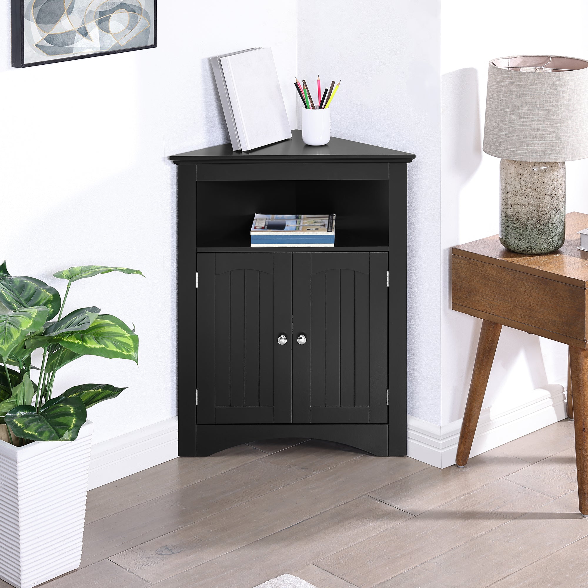 32 Inch MDF 2-door Bathroom Corner Cabinet with Shelves