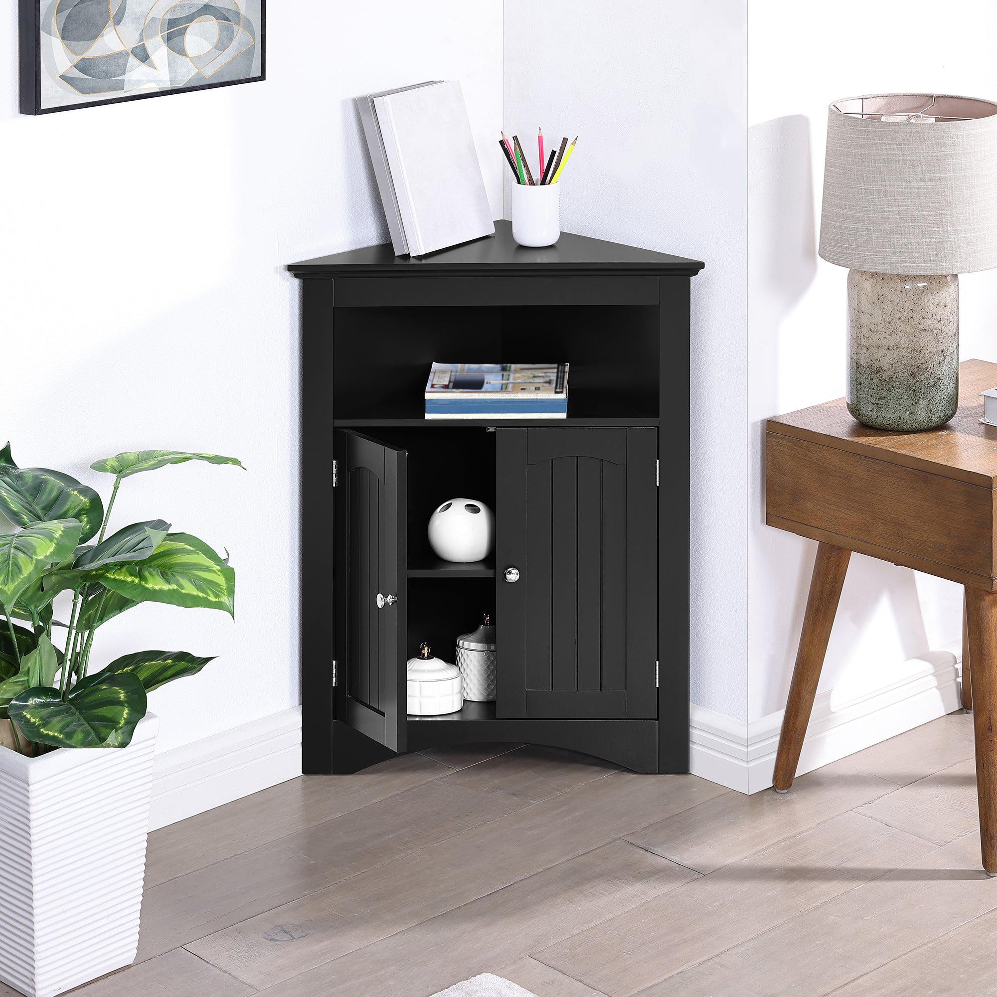 32 Inch MDF 2-door Bathroom Corner Cabinet with Shelves