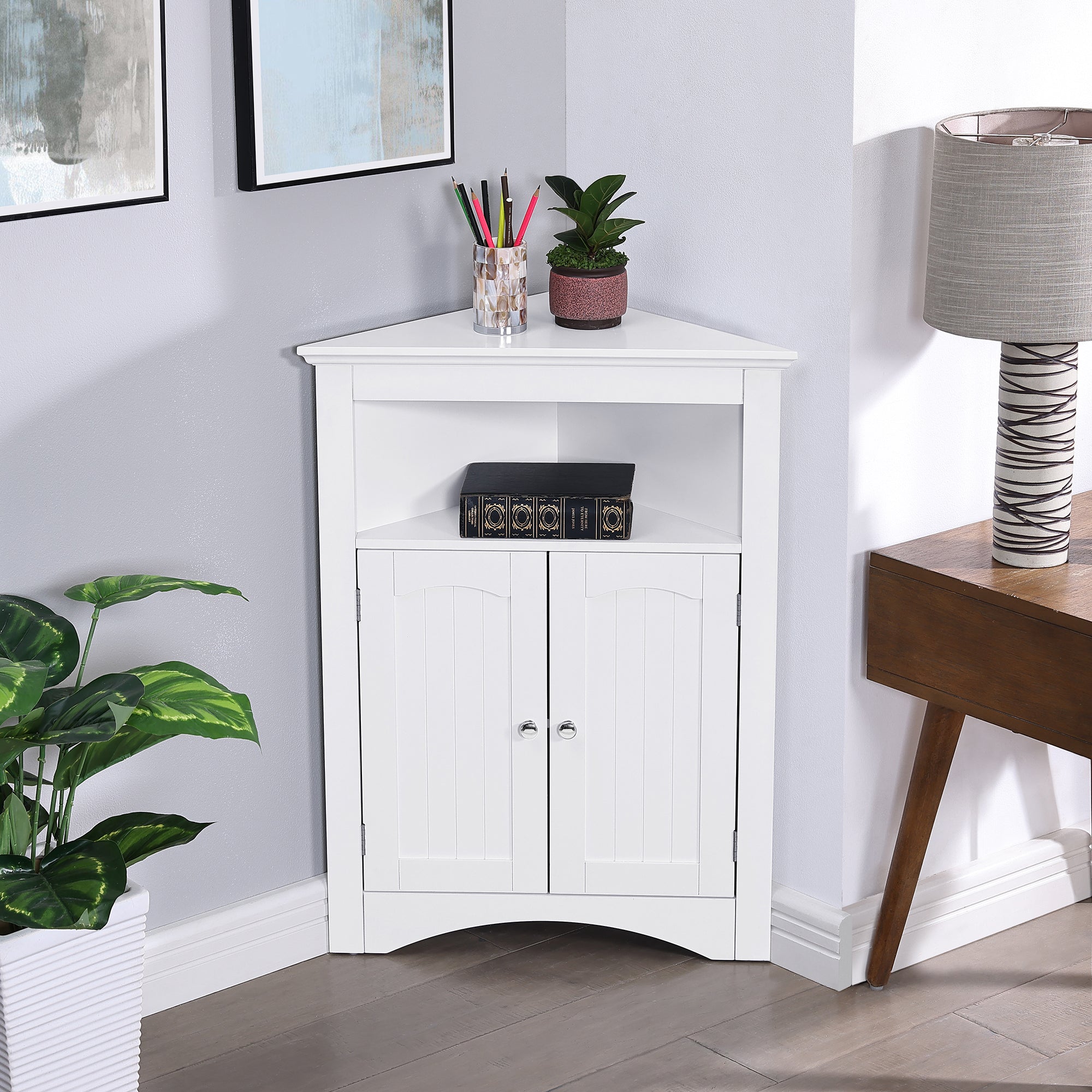 32 Inch MDF 2-door Bathroom Corner Cabinet with Shelves
