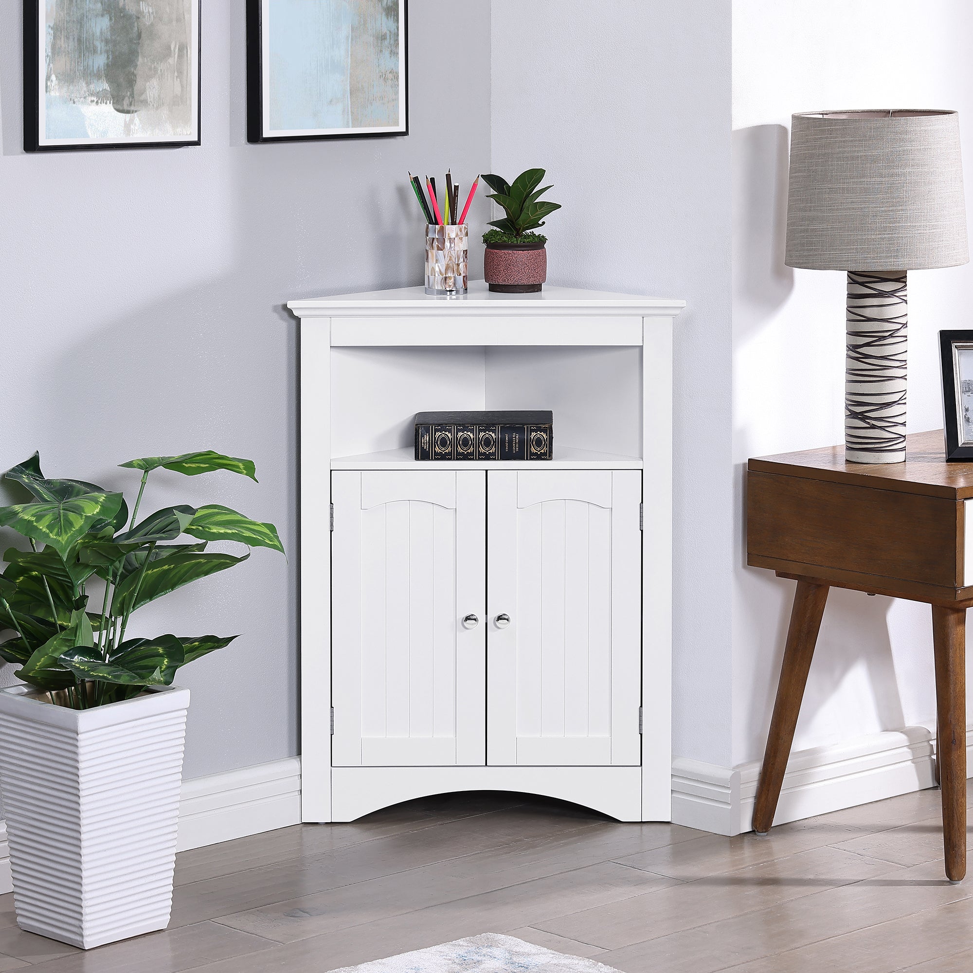 32 Inch MDF 2-door Bathroom Corner Cabinet with Shelves
