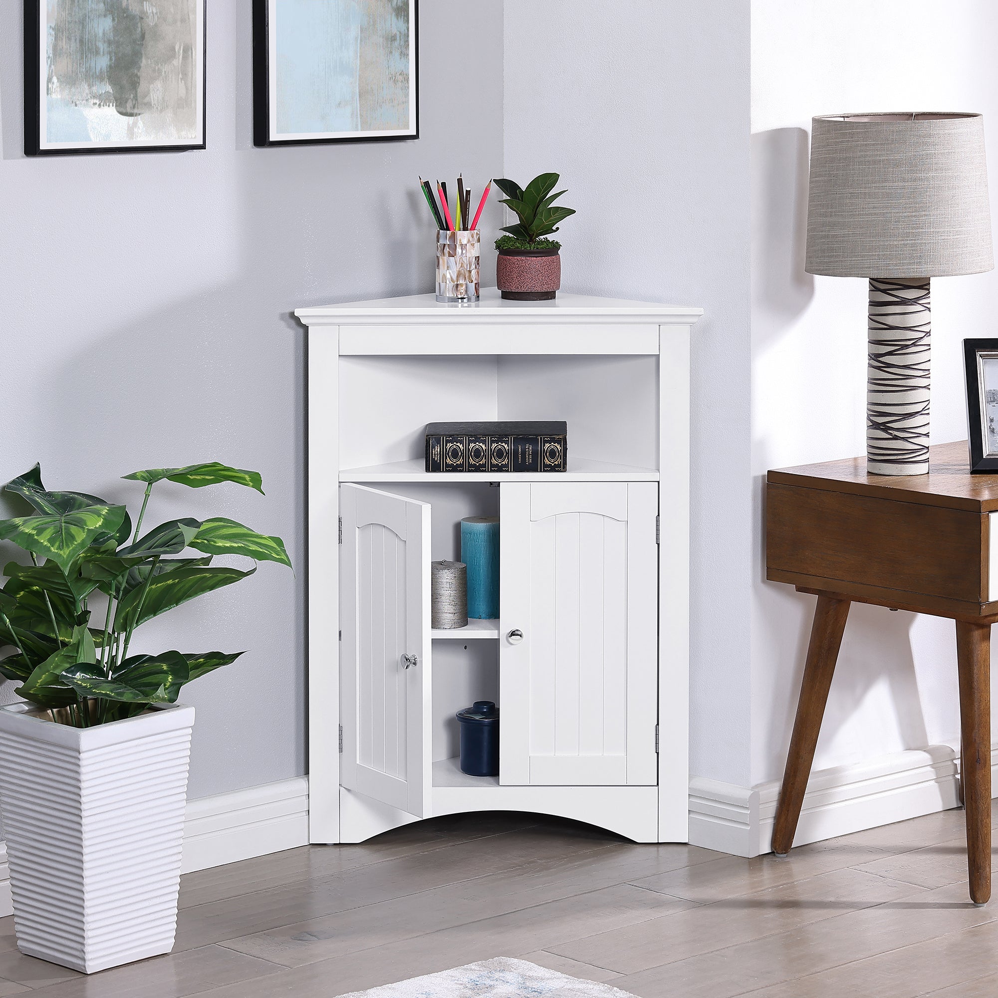 32 Inch MDF 2-door Bathroom Corner Cabinet with Shelves