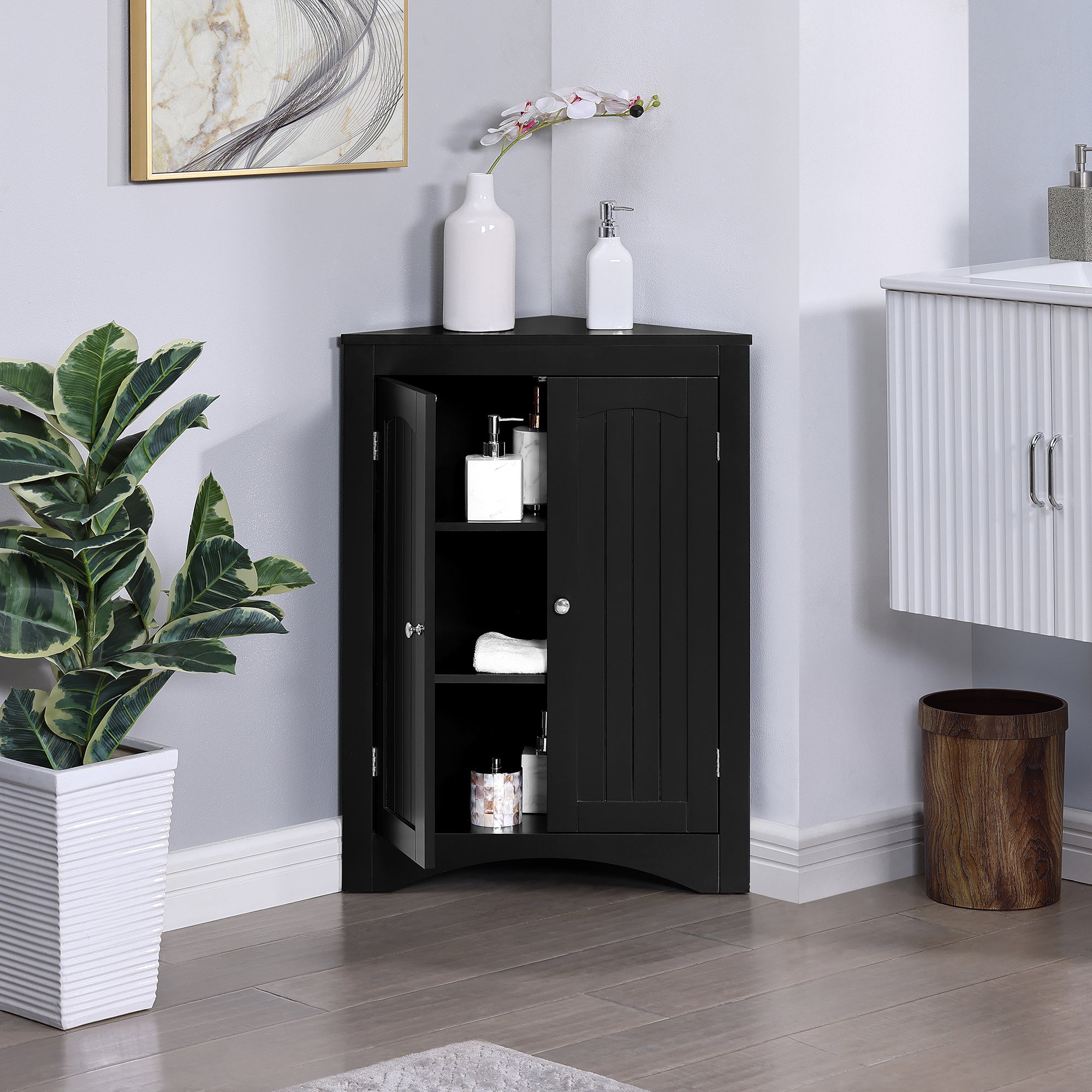 32 Inch MDF 2-door Bathroom Corner Cabinet with Shelves