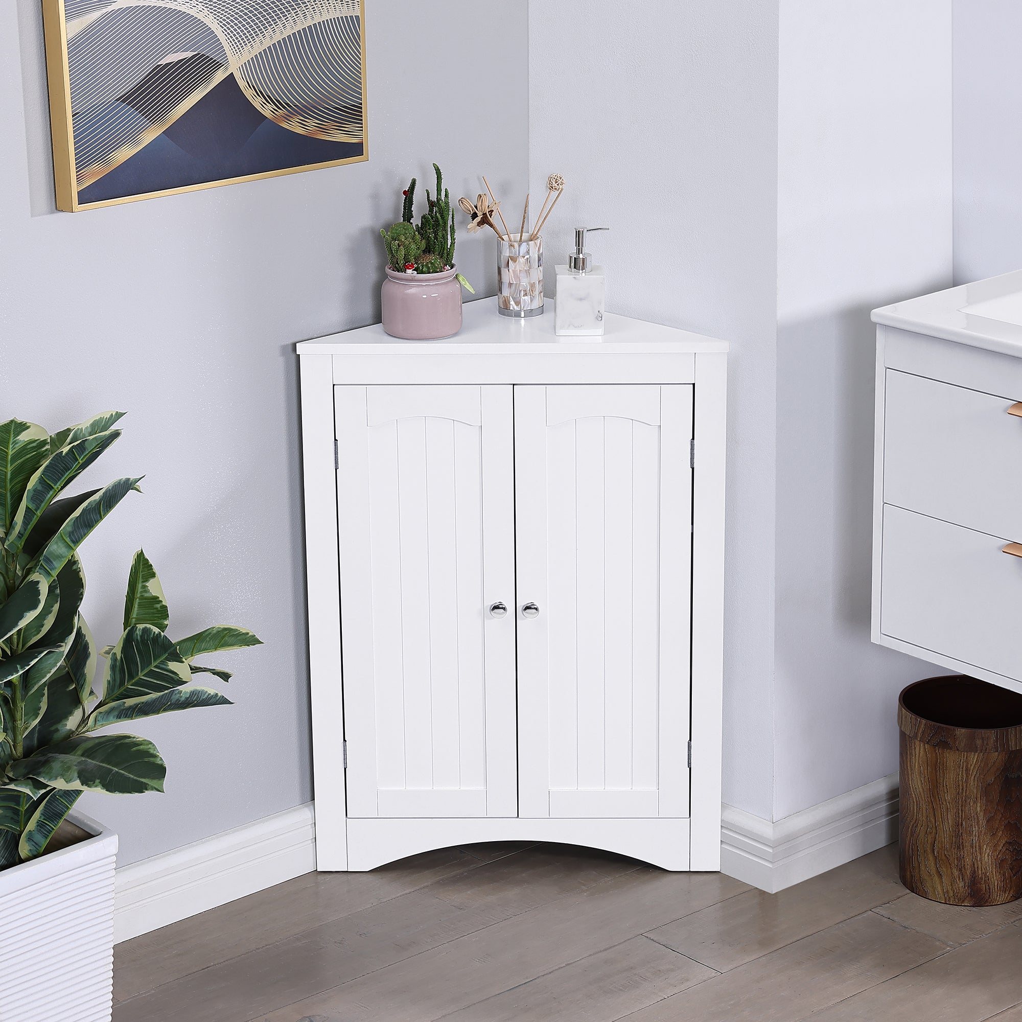 32 Inch MDF 2-door Bathroom Corner Cabinet with Shelves