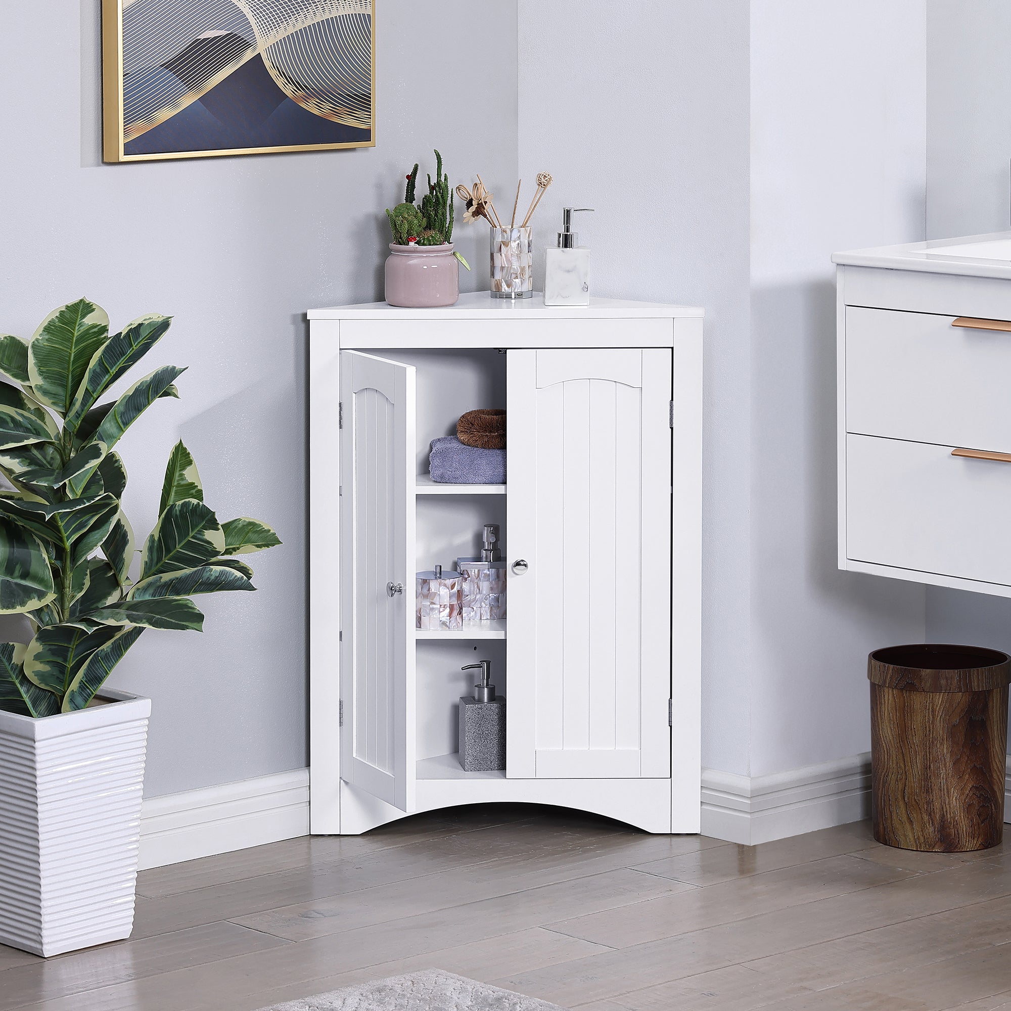 32 Inch MDF 2-door Bathroom Corner Cabinet with Shelves
