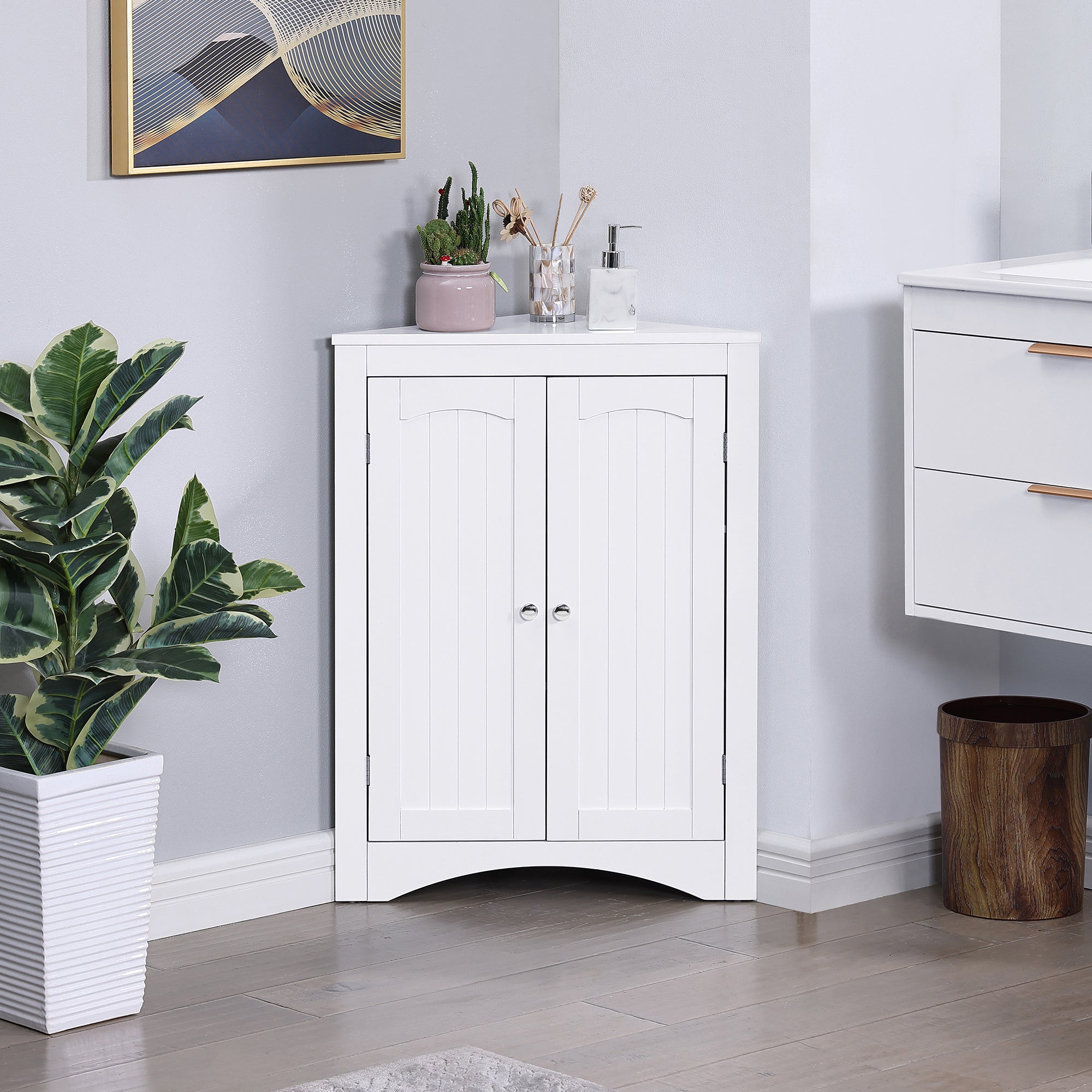 32 Inch MDF 2-door Bathroom Corner Cabinet with Shelves