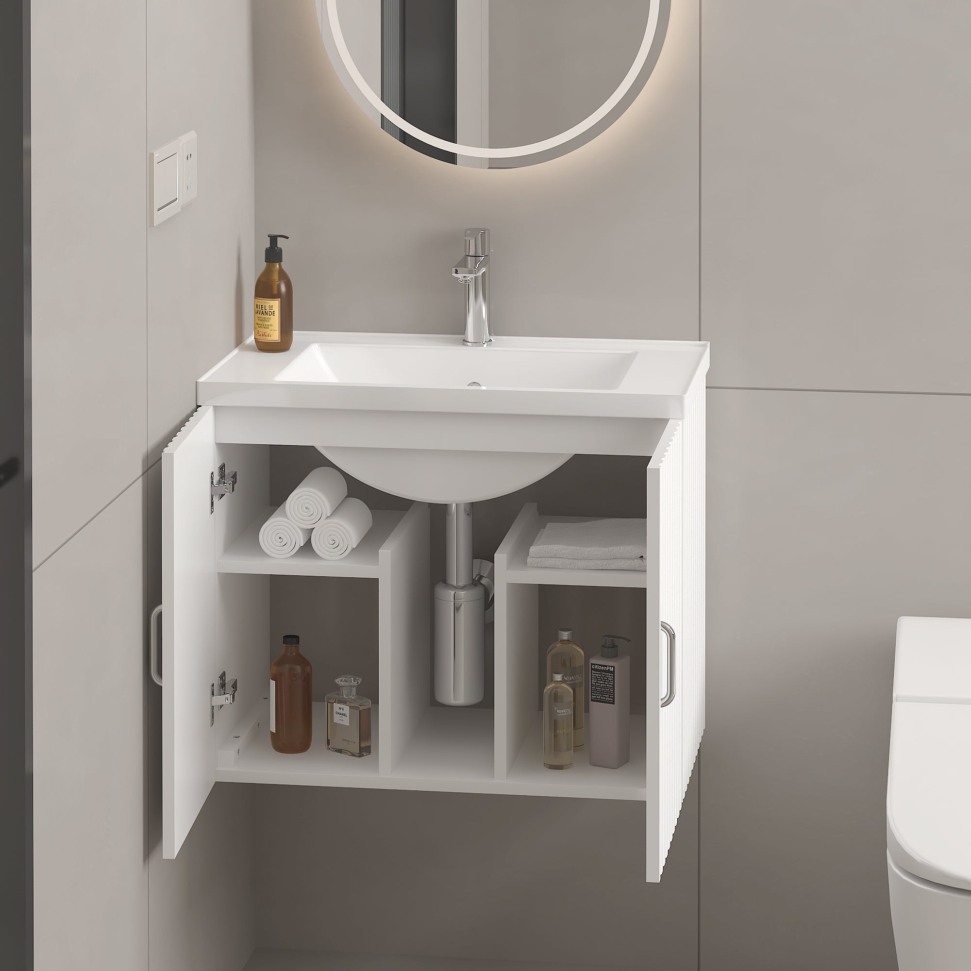 24 in. W x 19 in. H MDF Floating Bathroom Vanity with Integrated Ceramic Sink and Doors