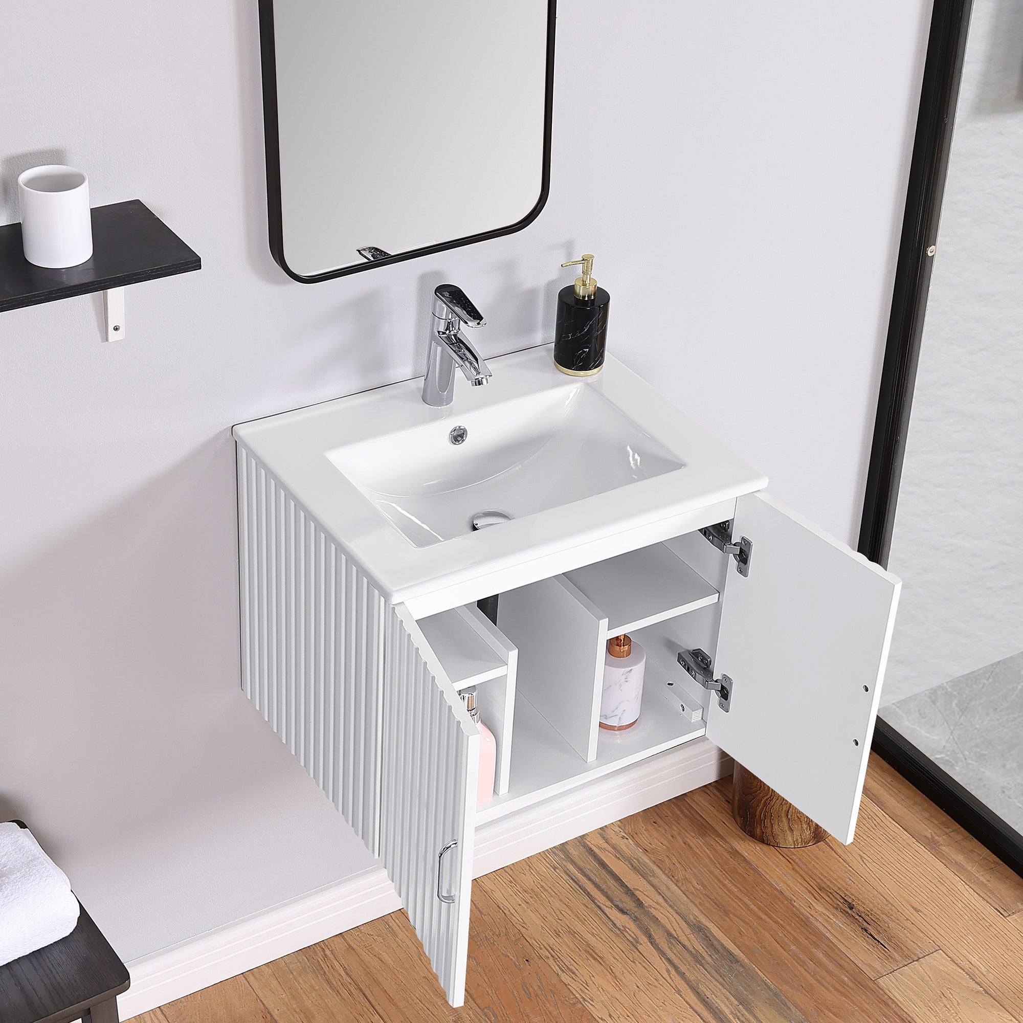 24 in. W x 19 in. H MDF Floating Bathroom Vanity with Integrated Ceramic Sink and Doors