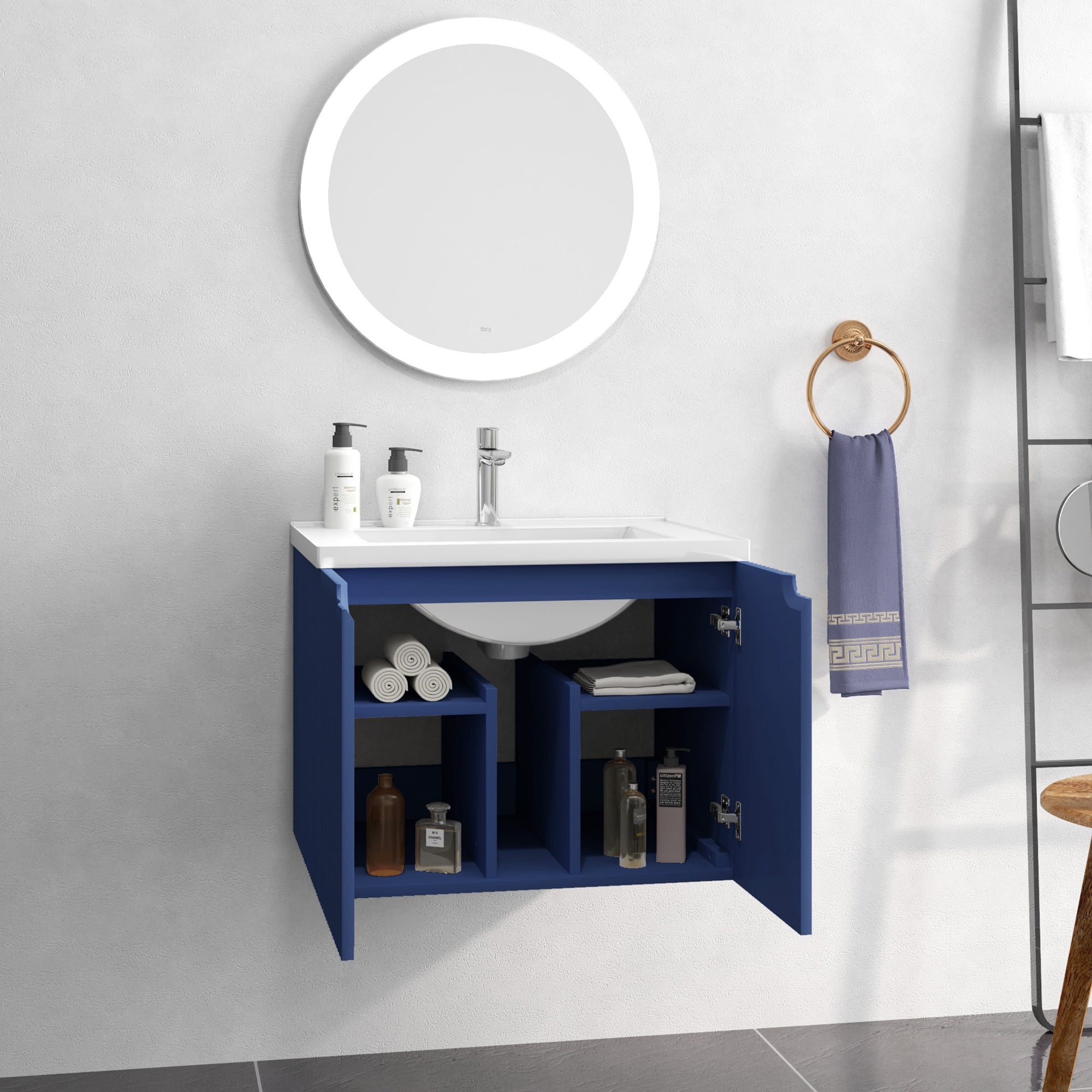 24 Inches MDF Floating Bathroom Vanity with Integrated Ceramic Sink and Doors