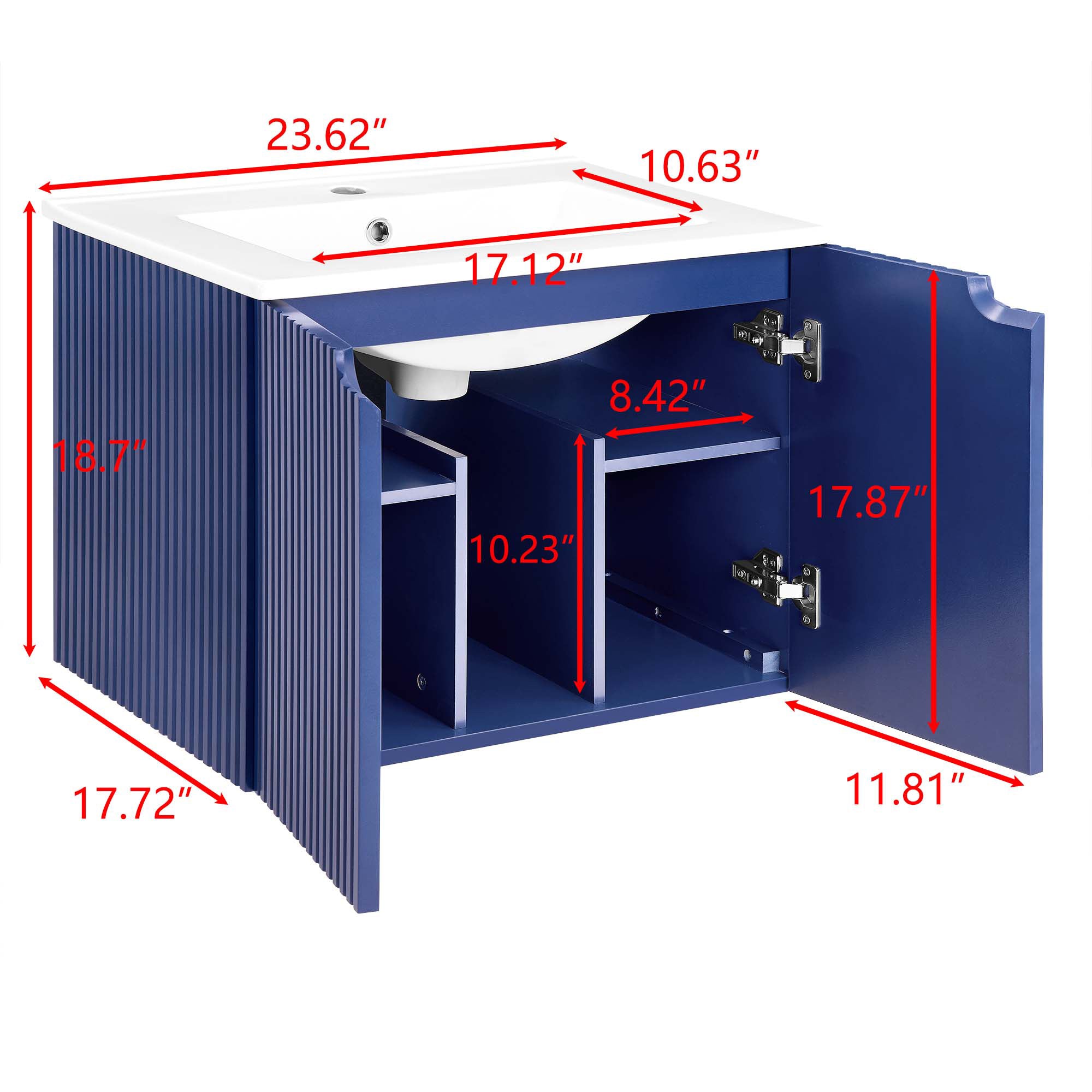24 Inches MDF Floating Bathroom Vanity with Integrated Ceramic Sink and Doors