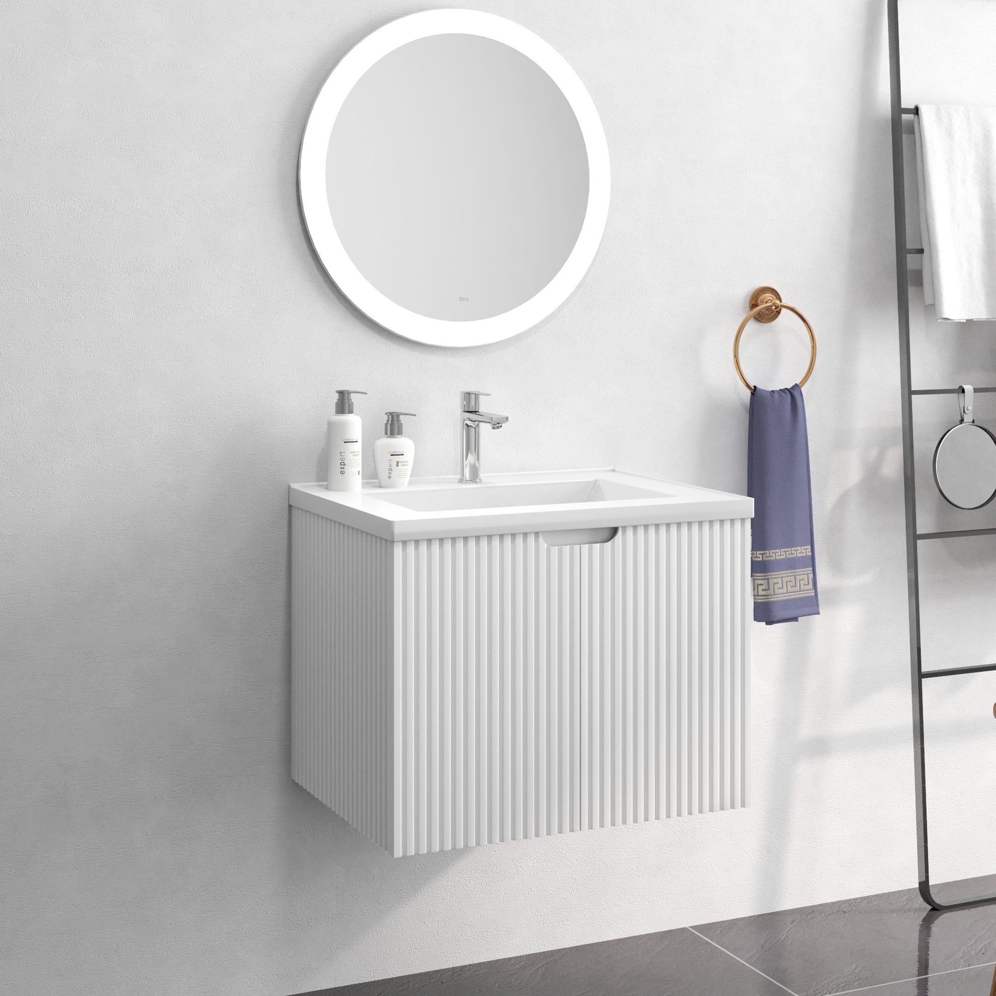 24 Inches MDF Floating Bathroom Vanity with Integrated Ceramic Sink and Doors