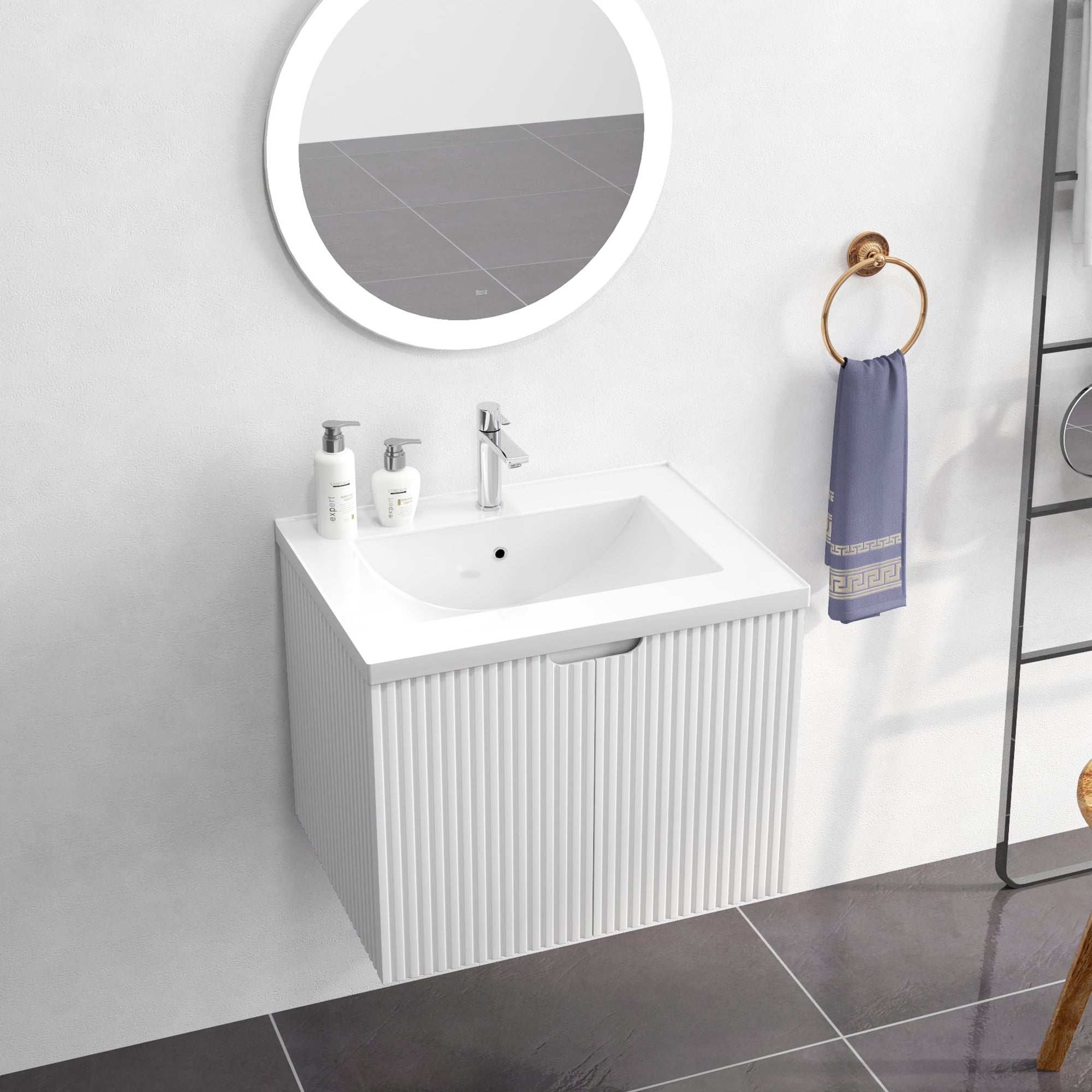 24 Inches MDF Floating Bathroom Vanity with Integrated Ceramic Sink and Doors