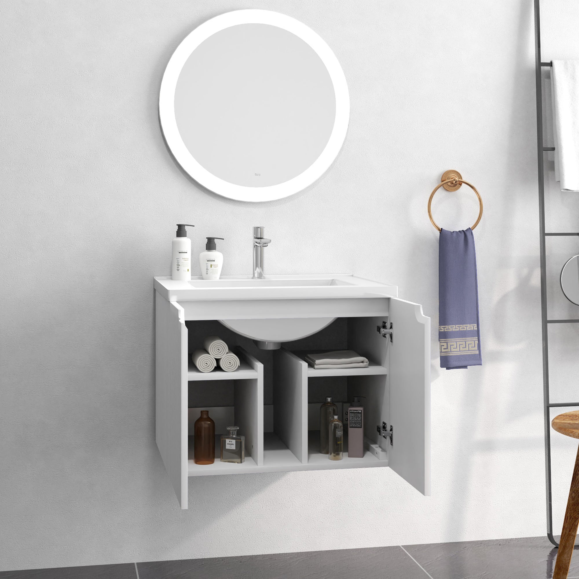 24 Inches MDF Floating Bathroom Vanity with Integrated Ceramic Sink and Doors