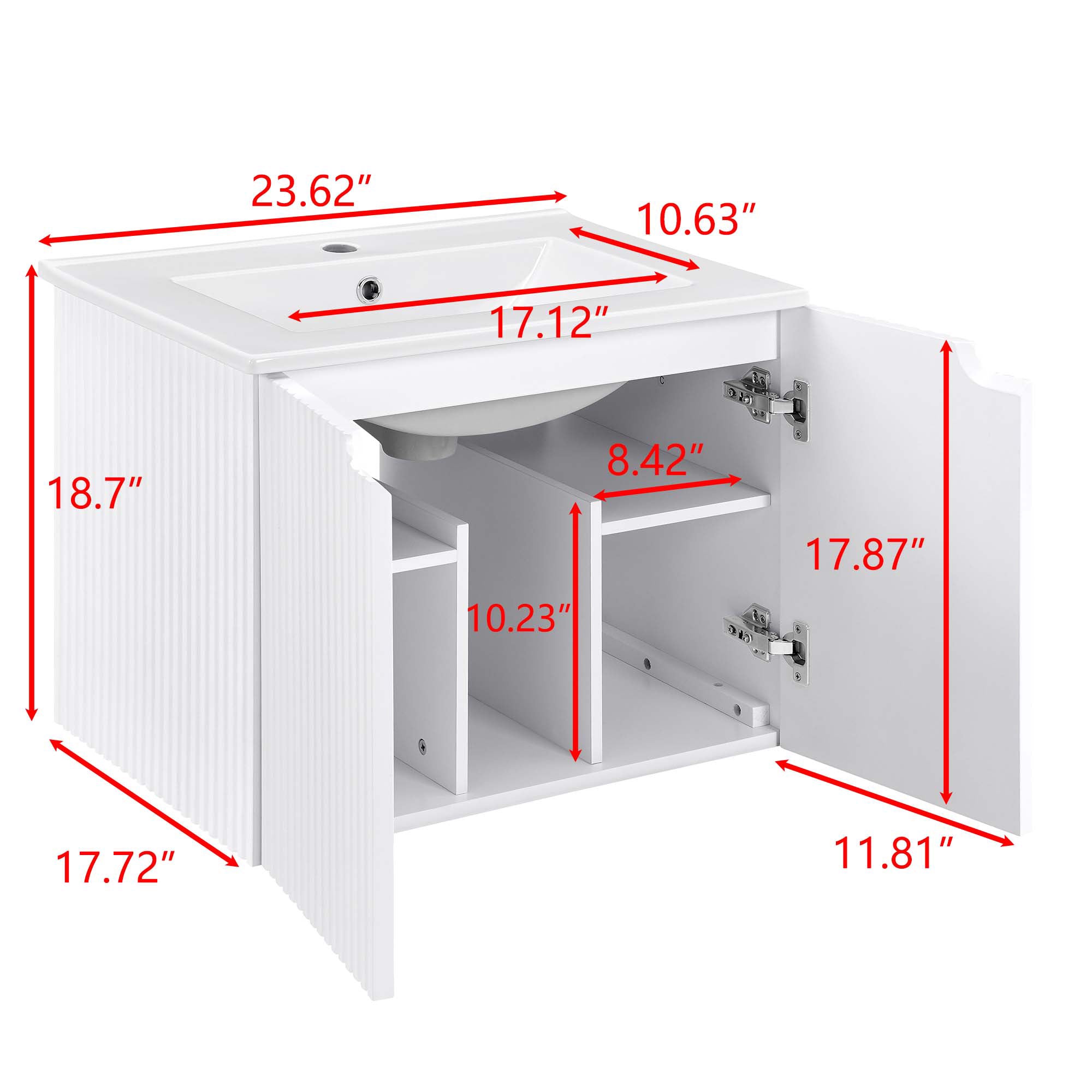 24 Inches MDF Floating Bathroom Vanity with Integrated Ceramic Sink and Doors