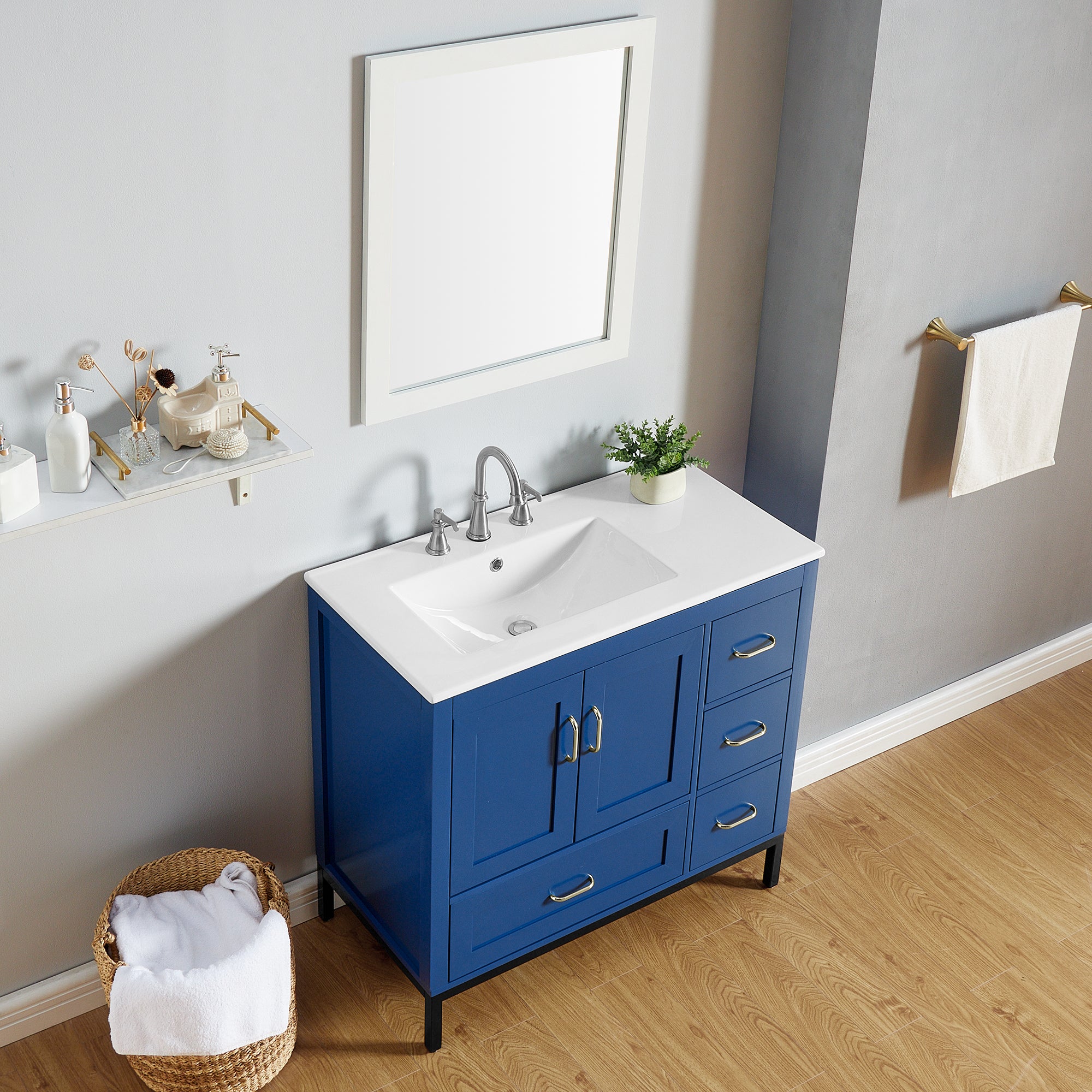 36 Inches MDF Freestanding Bathroom Vanity with Integrated Ceramic Sink and Doors