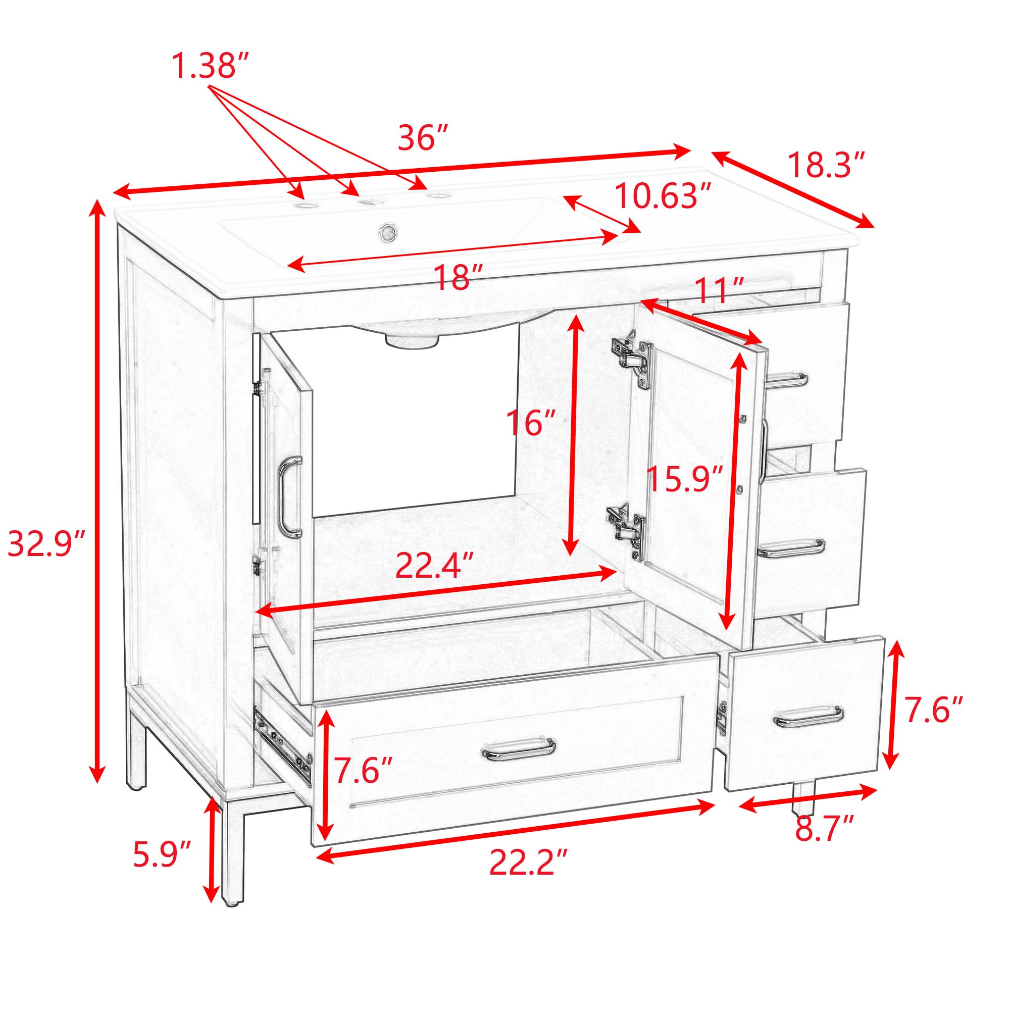 36 Inches MDF Freestanding Bathroom Vanity with Integrated Ceramic Sink and Doors