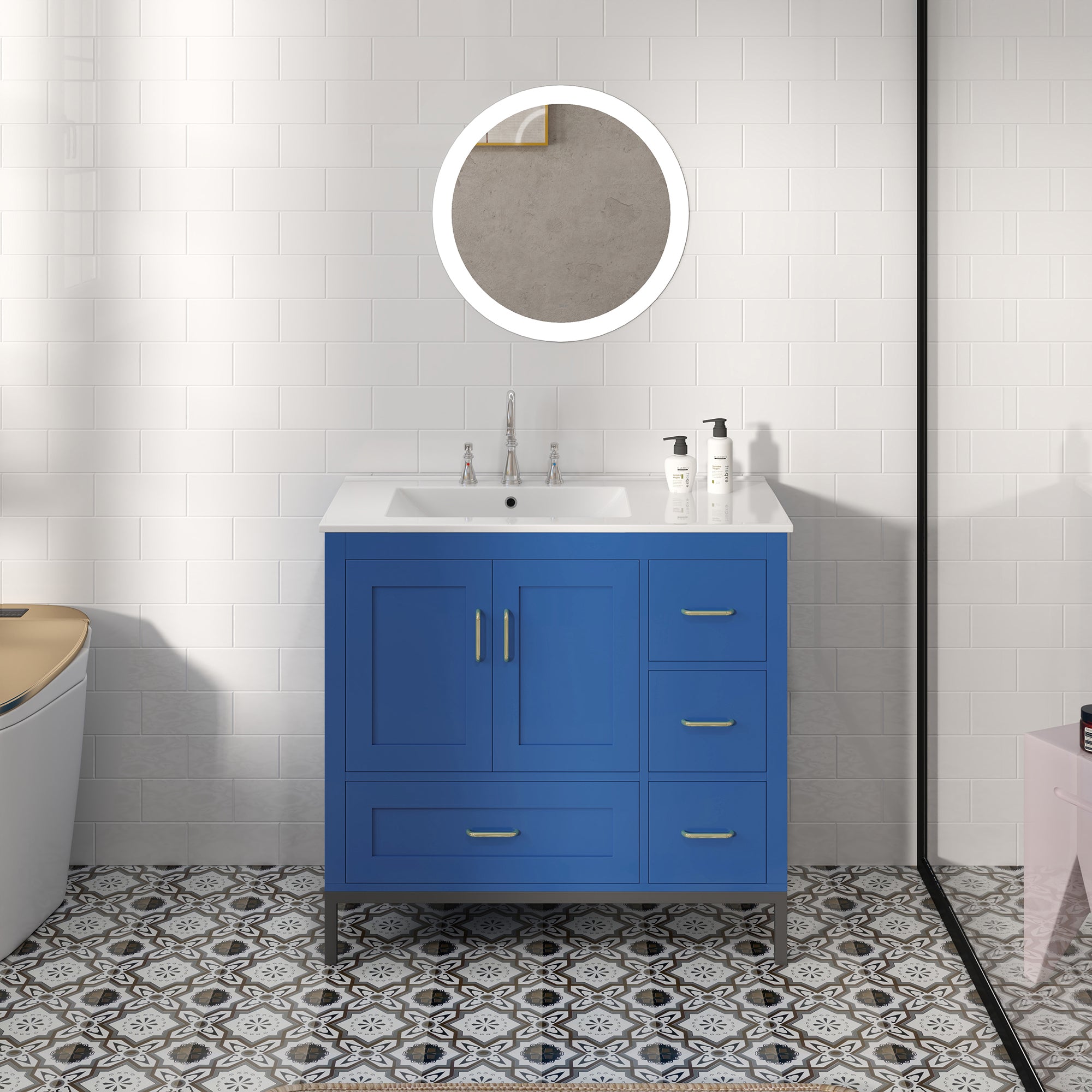 36 Inches MDF Freestanding Bathroom Vanity with Integrated Ceramic Sink and Doors