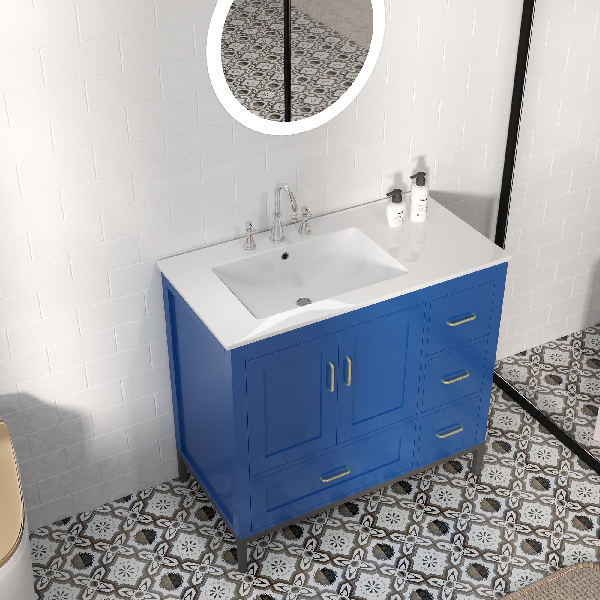 36 Inches MDF Freestanding Bathroom Vanity with Integrated Ceramic Sink and Doors