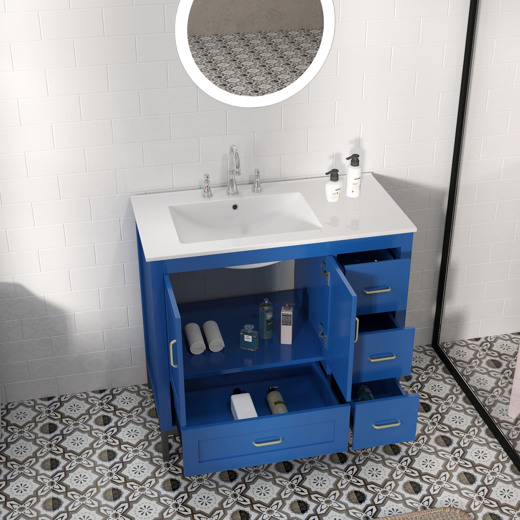 36 Inches MDF Freestanding Bathroom Vanity with Integrated Ceramic Sink and Doors