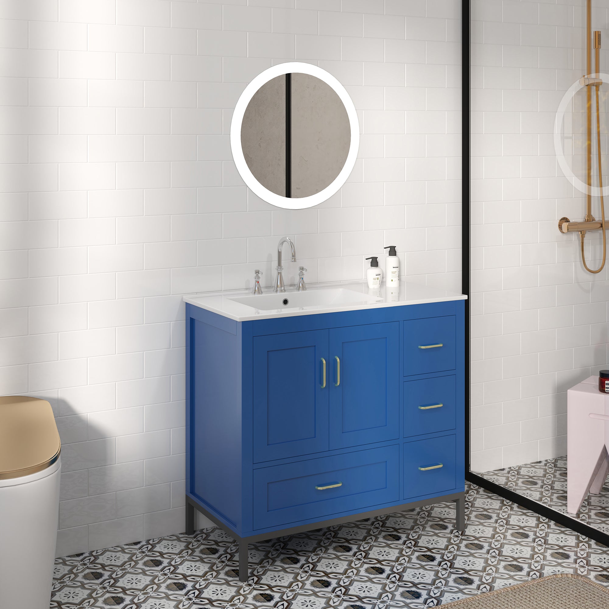 36 Inches MDF Freestanding Bathroom Vanity with Integrated Ceramic Sink and Doors