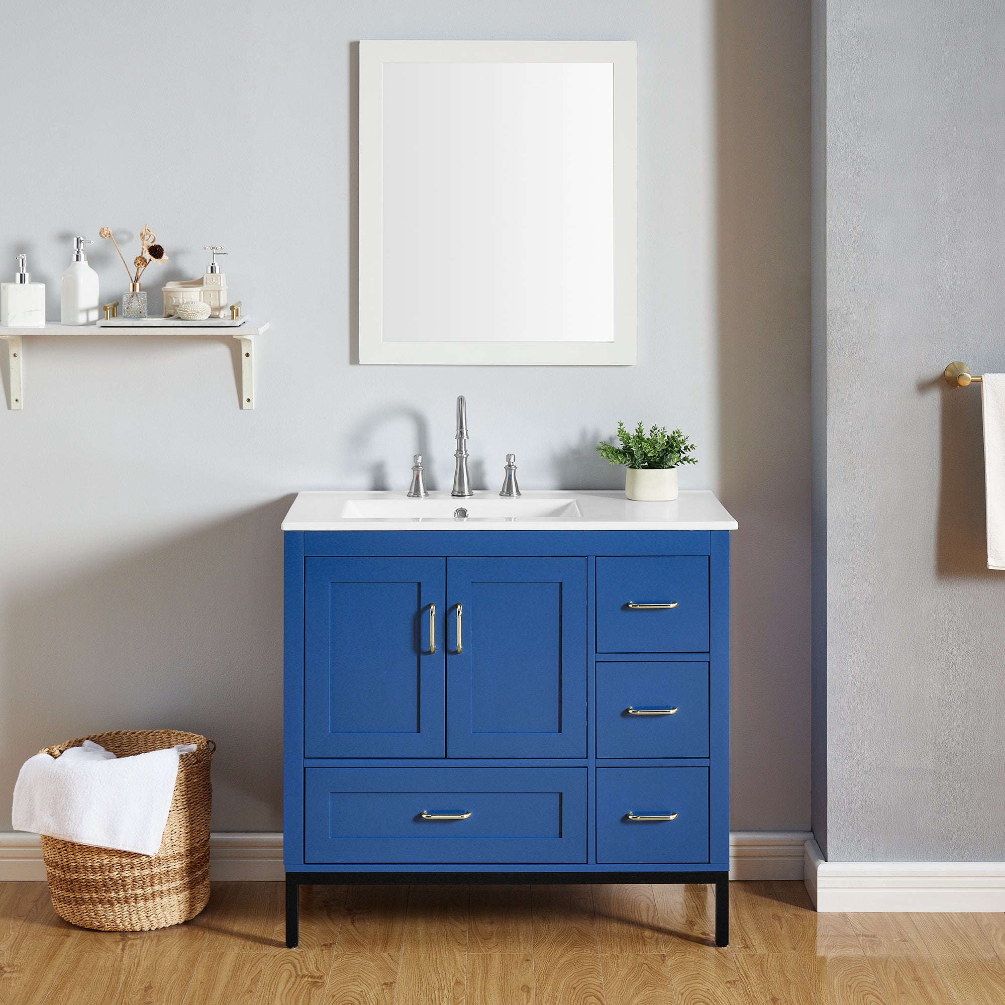 36 Inches MDF Freestanding Bathroom Vanity with Integrated Ceramic Sink and Doors